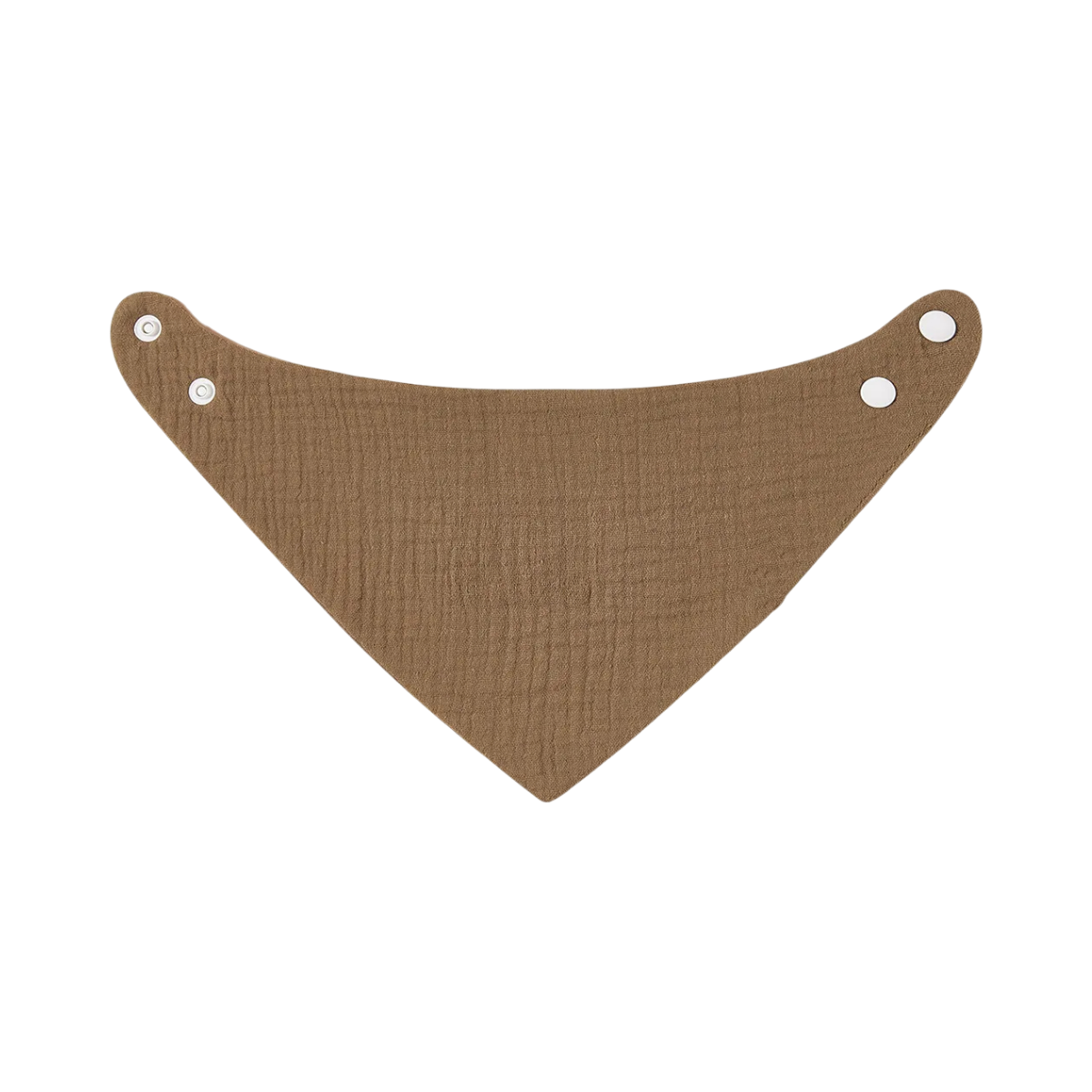 Il "bavaglino in cotone marrone" di Hello World è triangolare, ha due chiusure a scatto su ogni angolo e giace piatto su uno sfondo bianco.
