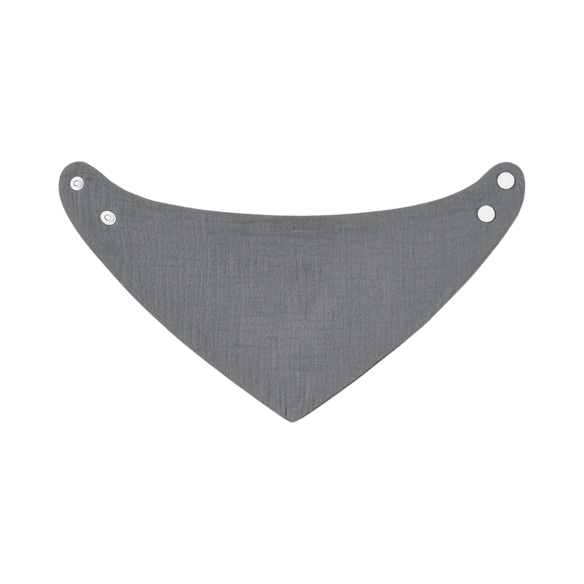 Il bavaglino in cotone blu denim Hello World è una bandana triangolare grigia con estremità arrotondate e tre bottoni a pressione su ciascun lato, mostrata piatta su uno sfondo bianco.