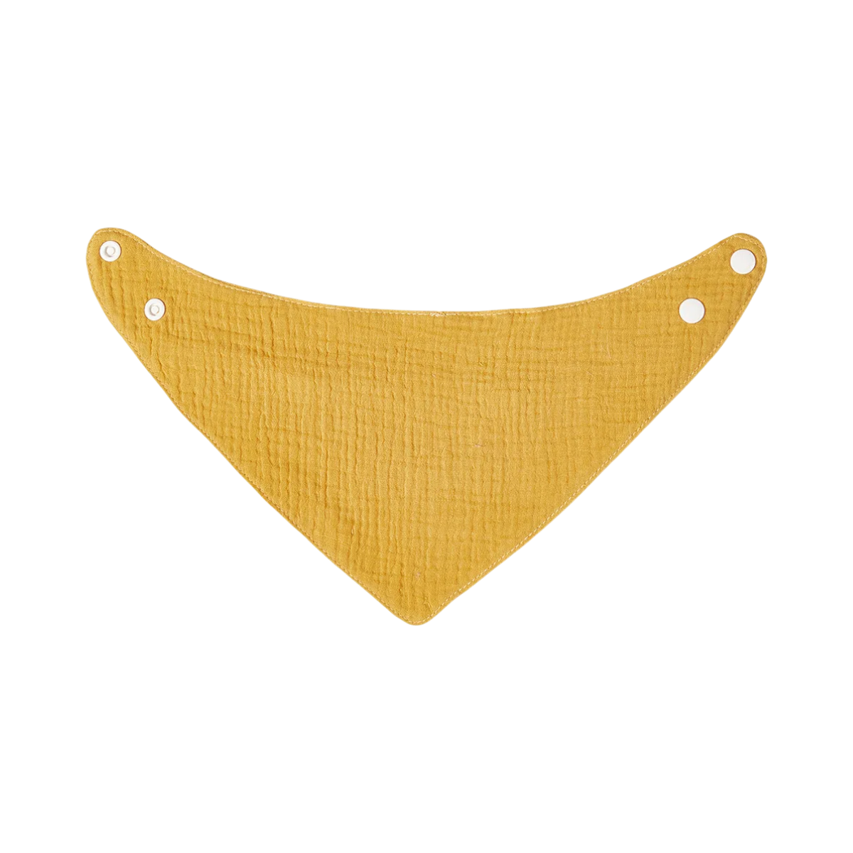 Il bavaglino giallo in cotone Hello World presenta un design triangolare giallo senape con tessuto strutturato e bottoni a pressione per una chiusura regolabile, mostrato su uno sfondo bianco.