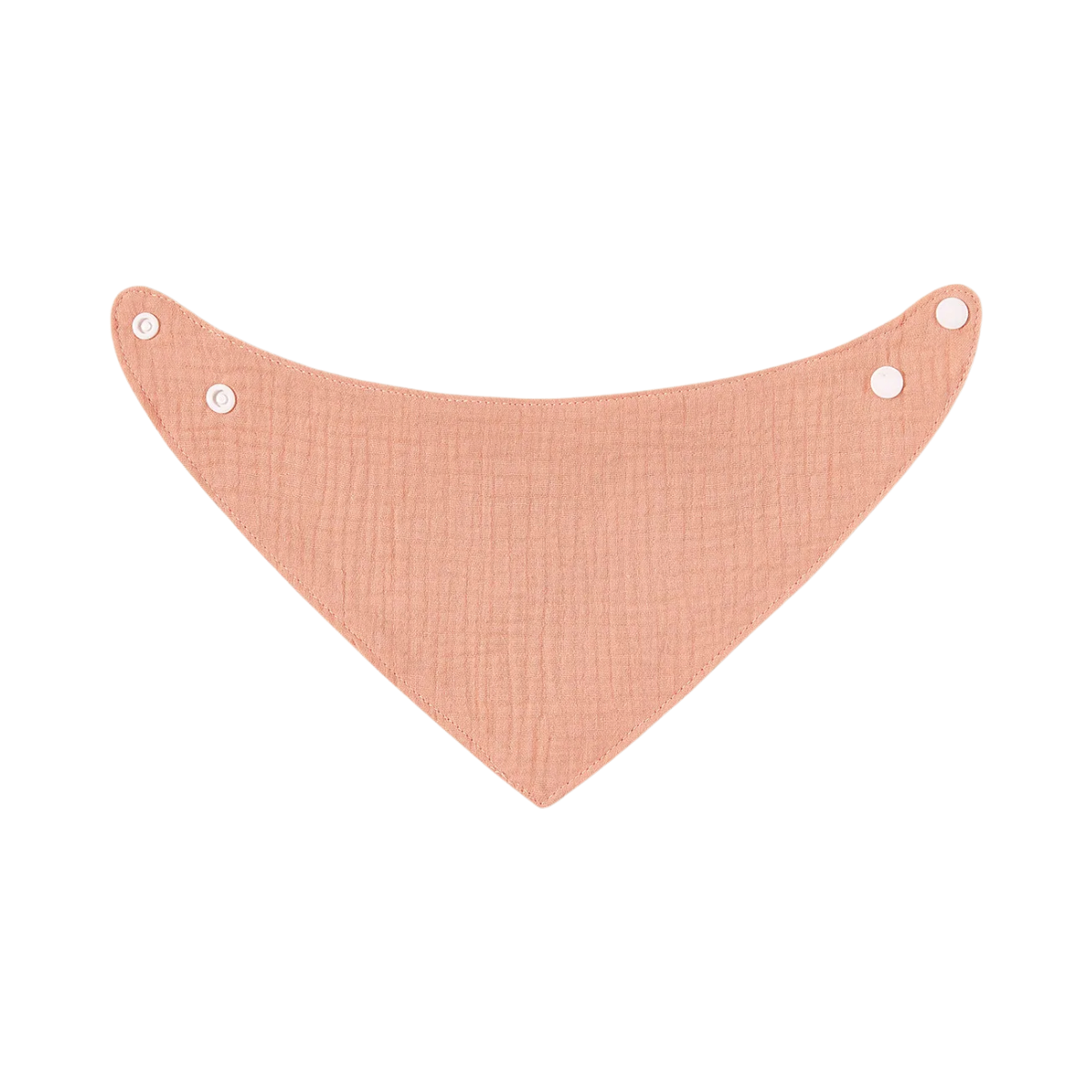 Il bavaglino in cotone rosa Hello World è un bavaglino triangolare in cotone color pesca con bottoni automatici su ciascuna estremità, mostrato piatto su uno sfondo bianco semplice.