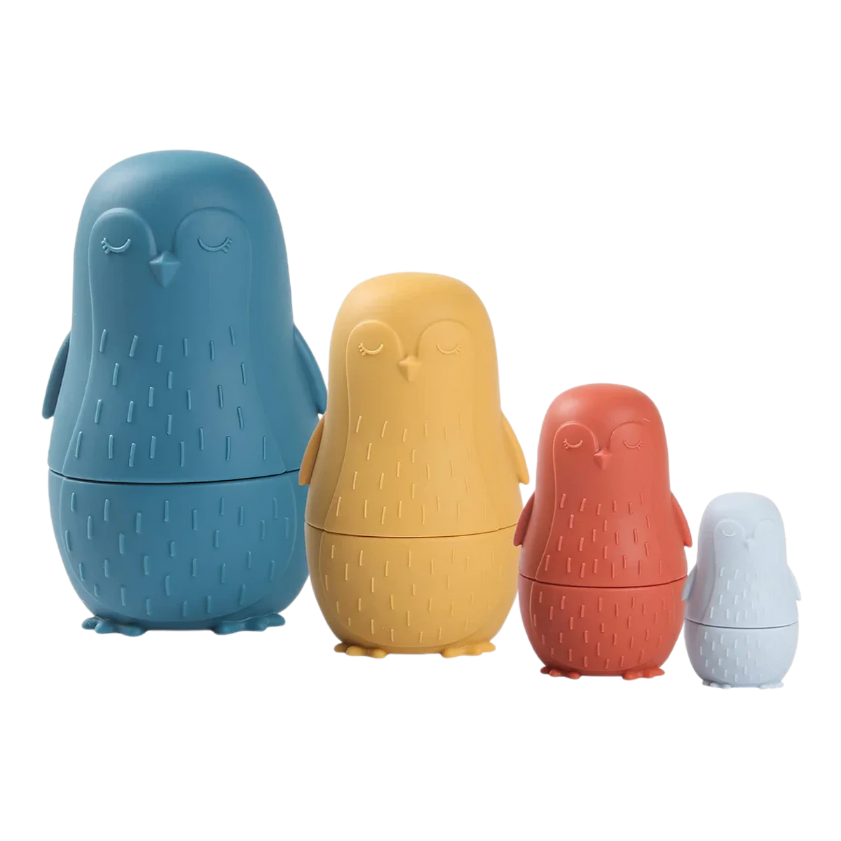 Der Hello World Pinguin Blau aus Silikon [7x12cm] ist ein blaues Pinguin-Spielzeug mit strukturierten Details und geschlossenen Augen, perfekt als lustiges Stapelspielzeug für Kinder.