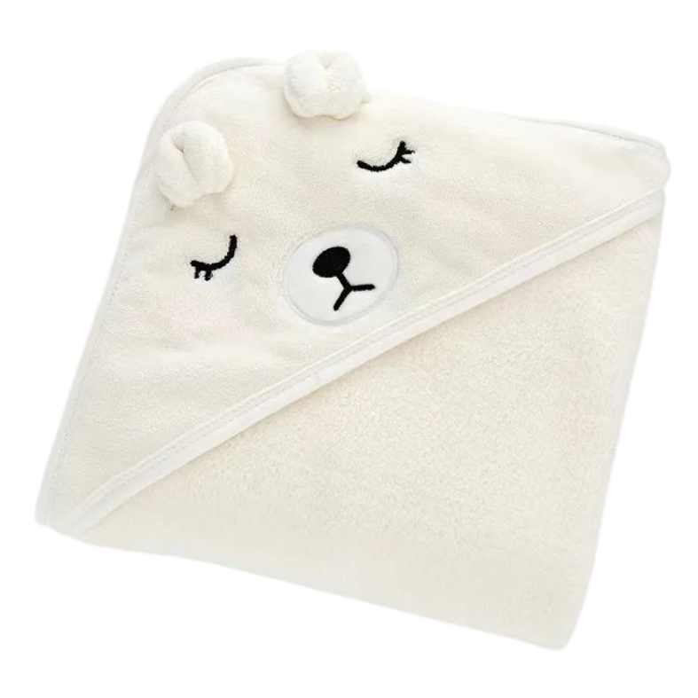 Das Hello World Badetuch mit Kapuze Eisbär [80x80cm] ist ein weiches, cremefarbenes Kapuzen-Babyhandtuch mit einem gestickten Bärengesicht, geschlossenen Augen und zwei niedlichen Ohren - ideal als Geschenk zur Geburt.