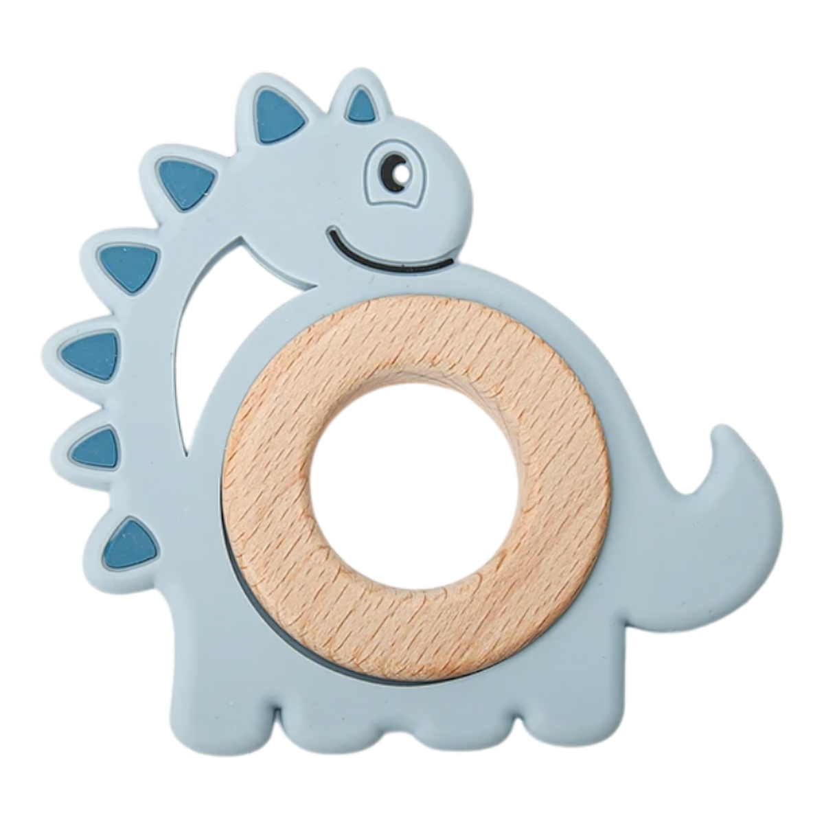 Der Hello World Beissring Dino Blau [9x9cm] ist ein hellblauer Beißring mit dunkelblauen Stacheln, einem zentralen Ring aus Naturholz und einem lächelnden Dinosauriermotiv - perfekt, um das kleine Zahnfleisch zu beruhigen.