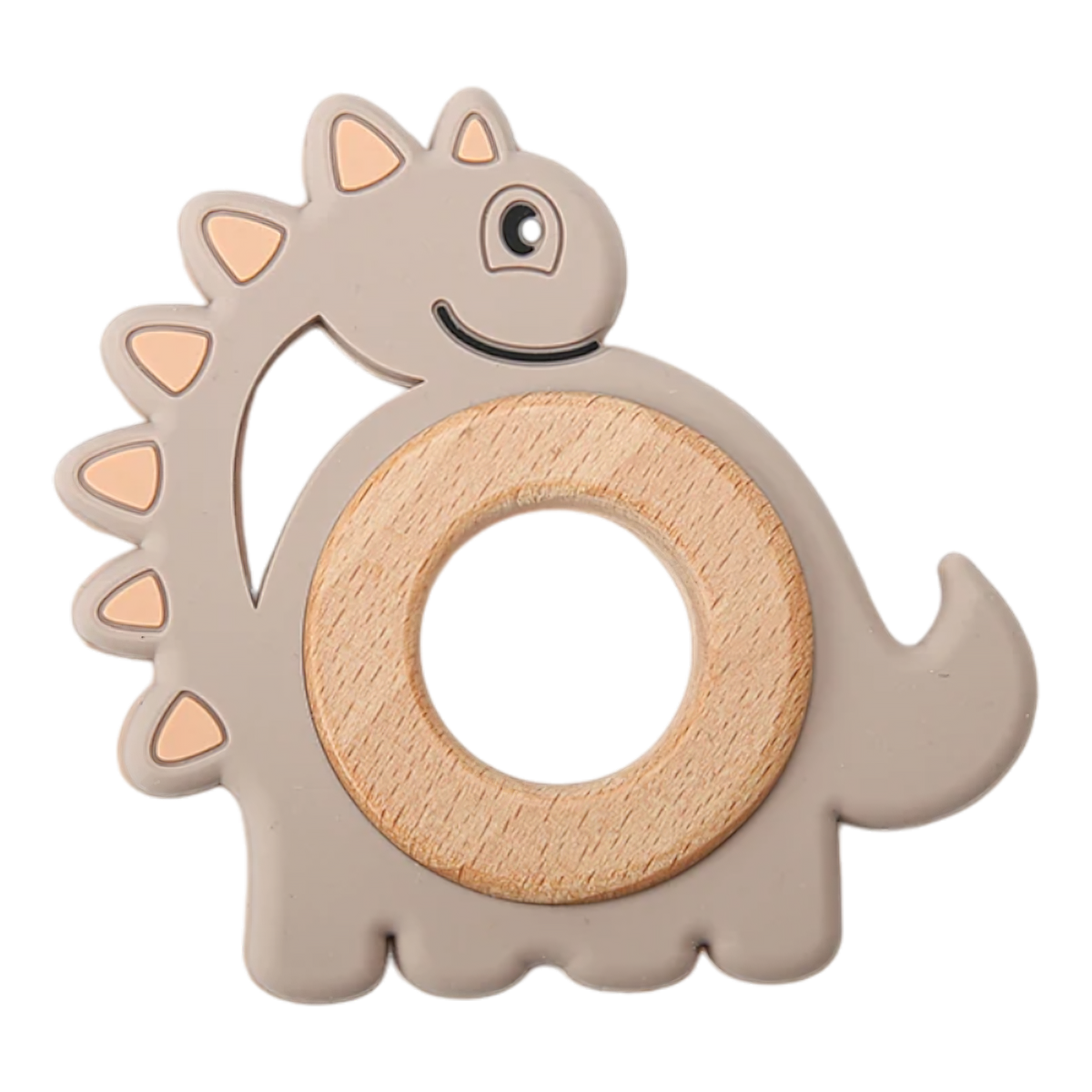 Der Beissring Dino Braun [9x9cm] von Hello World ist ein niedlicher beigefarbener Beißring aus Silikon mit kleinen Unebenheiten und einem zentralen Holzring, der für Babys leicht zu greifen ist.