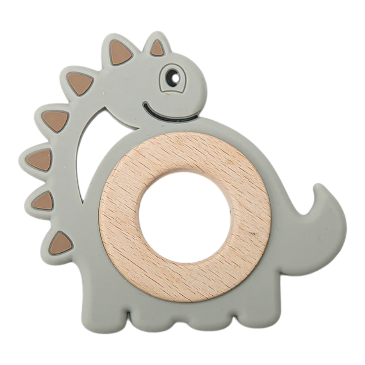 Der Hello World Beissring Dino Grau [9x9cm] ist ein graues Beißspielzeug mit einem Holzring in der Mitte und braunen Silikonstacheln auf dem Rücken, komplett mit einem fröhlichen Dinosauriergesicht.