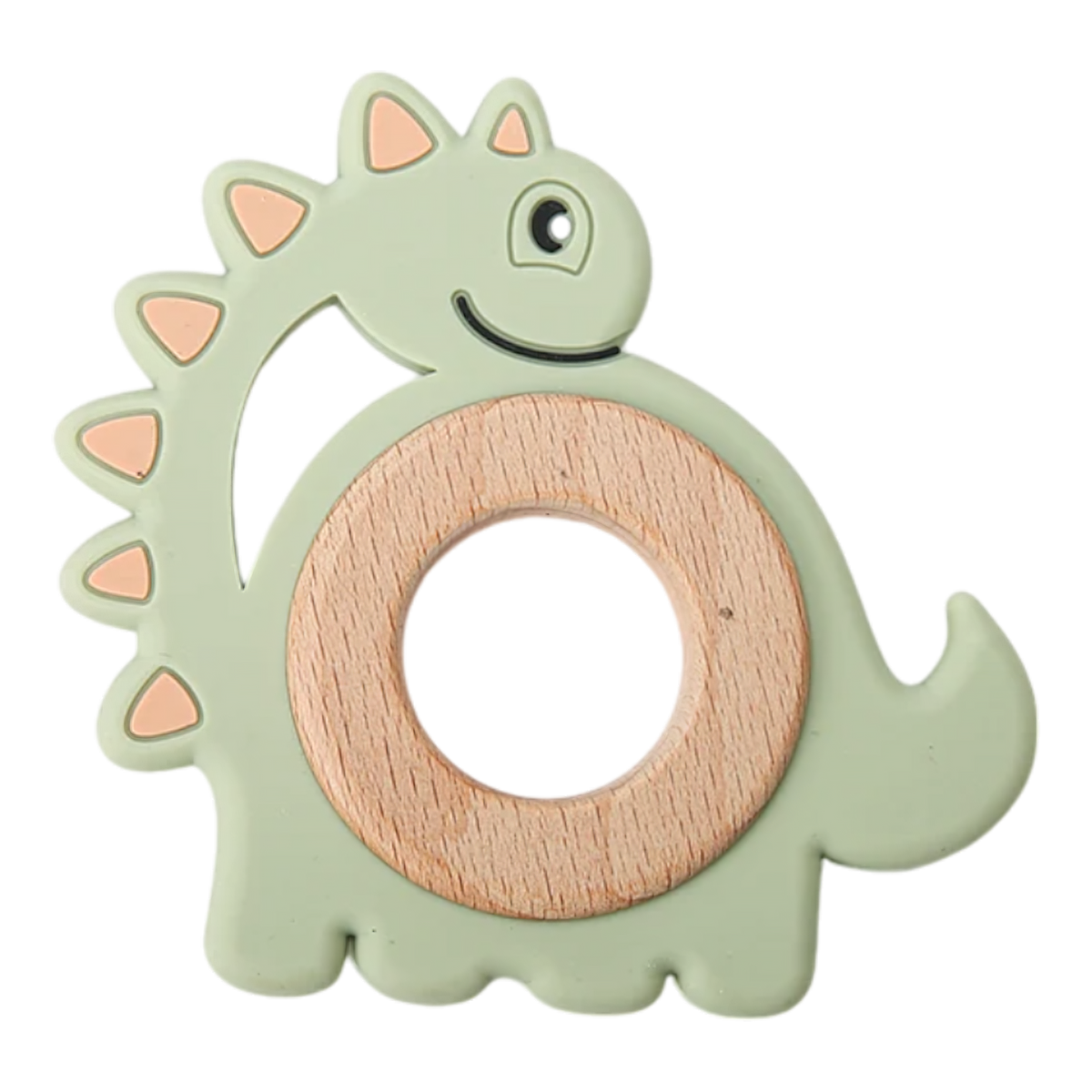 Der Hello World Beissring Dino Grün [9x9cm] zeigt ein grünes Dino-Design mit einem Holzring, hellorangen Stacheln und einem freundlichen Lächeln. Hergestellt aus weichem Silikon für sanften Beißkomfort.