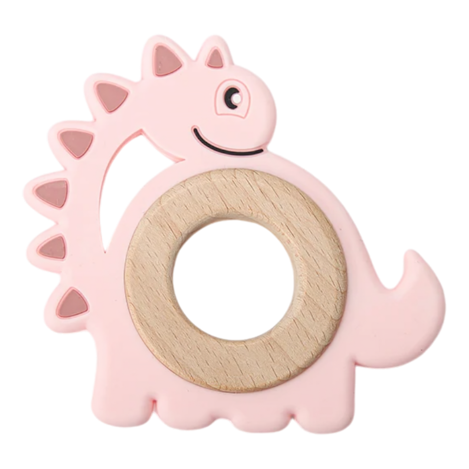 Der Beissring Dino Rosa [9x9cm] von Hello World kombiniert weiches Silikon in Dinosaurierform mit einem runden Holzring und kleinen, dreieckigen Stacheln - ideal für Babys beim Zahnen.