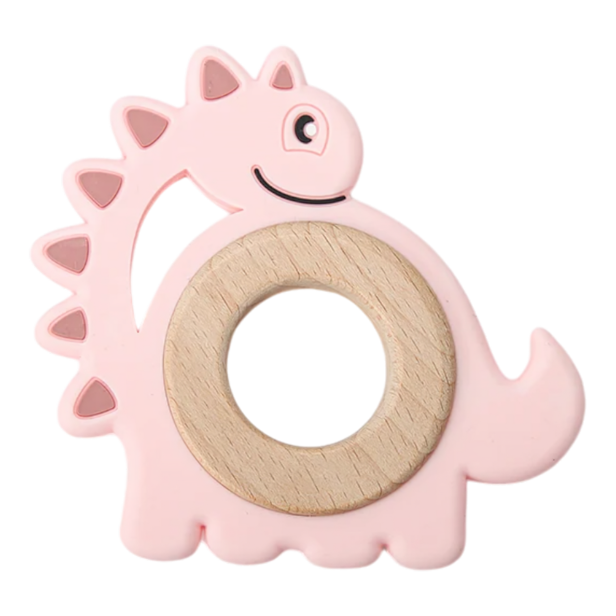 Der Beissring Dino Rosa [9x9cm] von Hello World kombiniert weiches Silikon in Dinosaurierform mit einem runden Holzring und kleinen, dreieckigen Stacheln - ideal für Babys beim Zahnen.