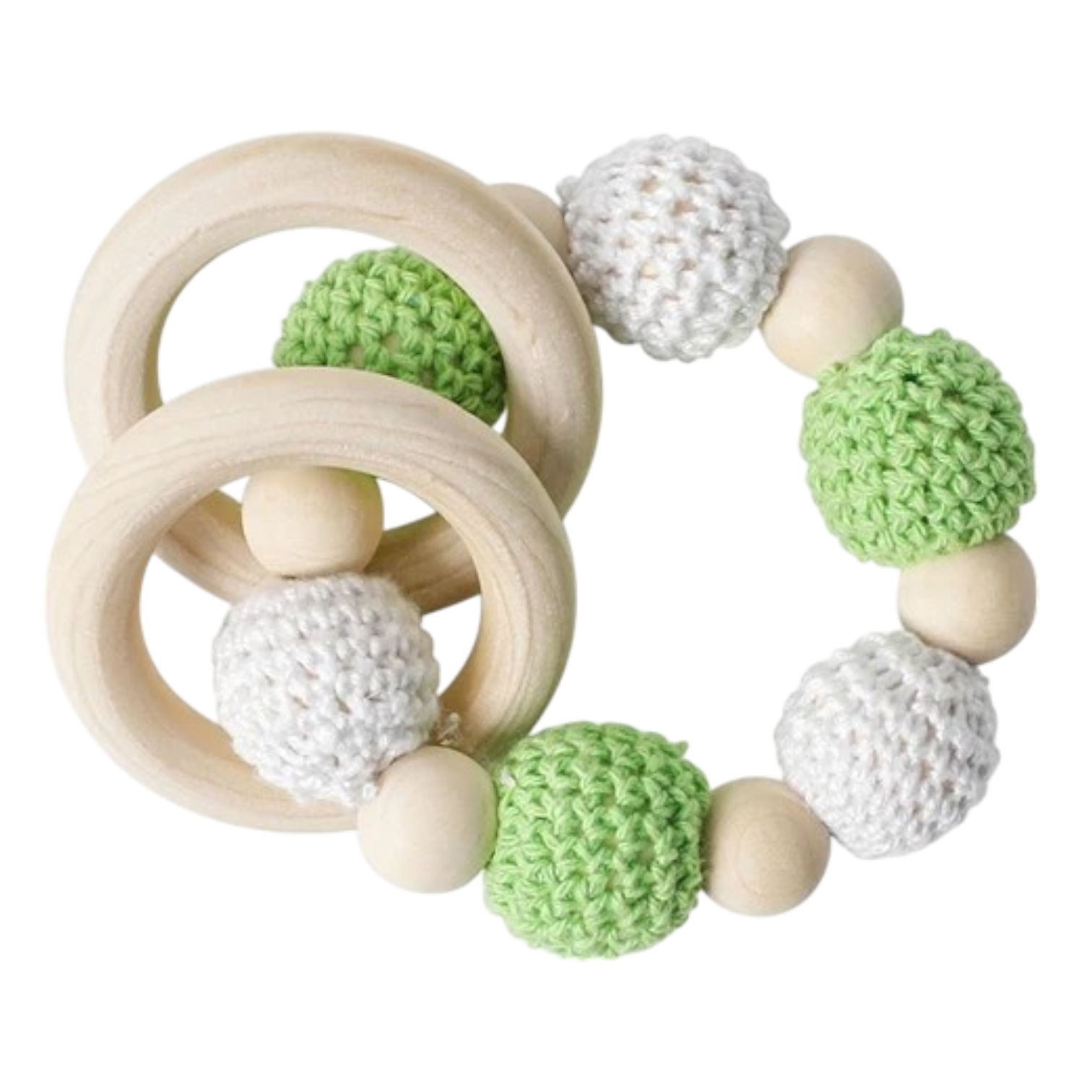 Die Beißring Kette Classic Hell Grün [11x8cm] von Hello World ist ein Baby-Beißspielzeug aus natürlichen Materialien, mit Holzringen und runden Perlen in abwechselnd hellgrüner und weißer Häkelarbeit, die eine kreisförmige Form bilden - ideal als Beißring Kette.