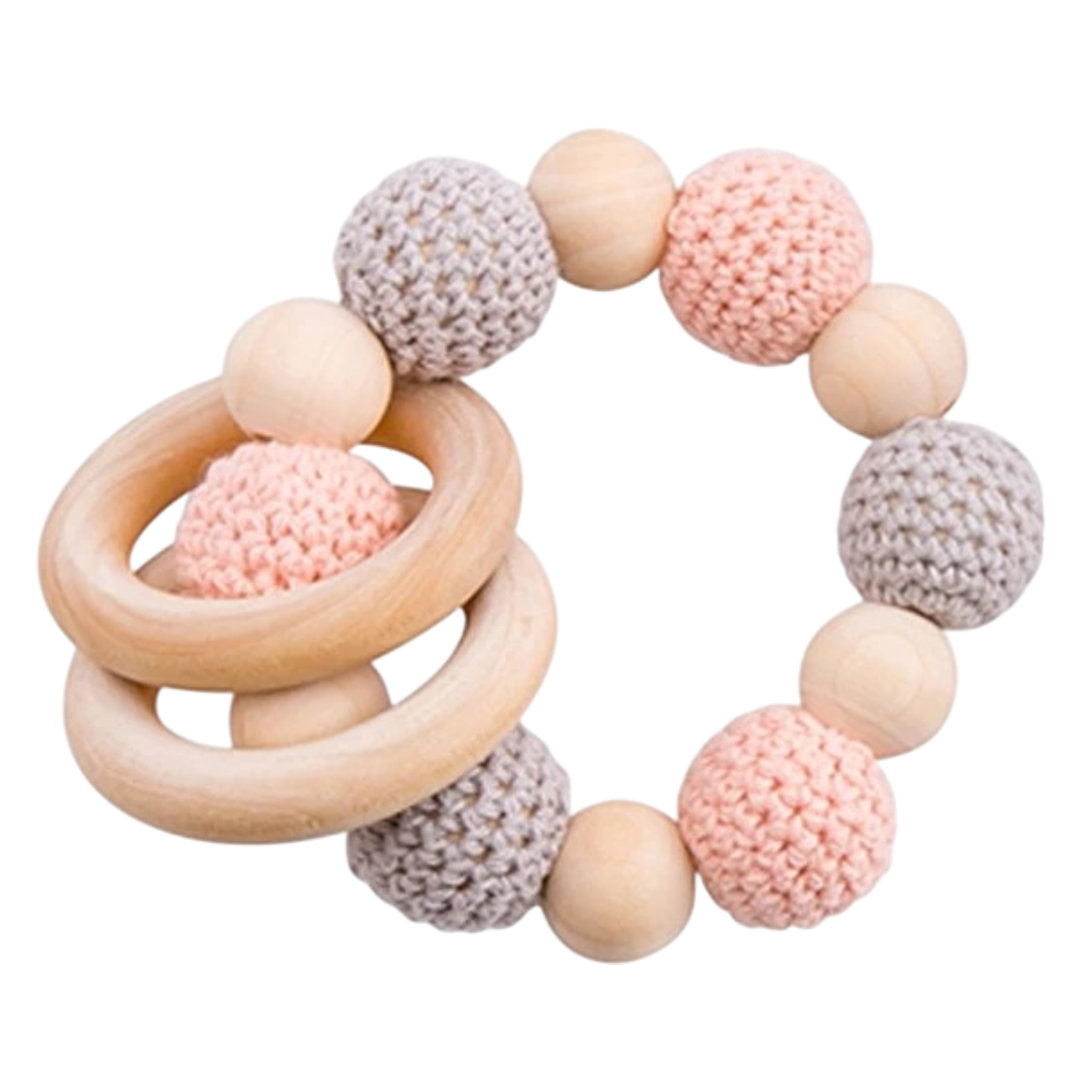 Die Beissring Kette Classic Pfirsich [11x8cm] von Hello World vereint natürliches Holz mit gehäkelten Perlen in sanftem Rosa und Grau sowie zwei Holzringen - ideal als stilvolles Accessoire für kleine Entdecker.