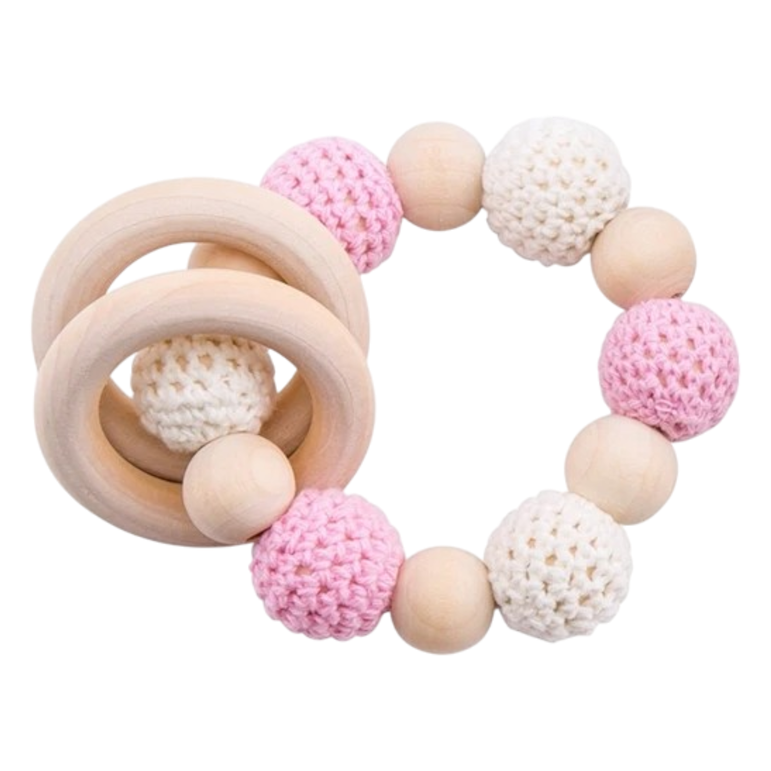 Die Beissring Kette Classic Rosa [11x8cm] von Hello World besteht aus natürlichem Holz und umweltfreundlicher Baumwolle. Rosa-weiße Perlen und zwei ineinandergreifende Holzringe ergeben ein hübsches Design.