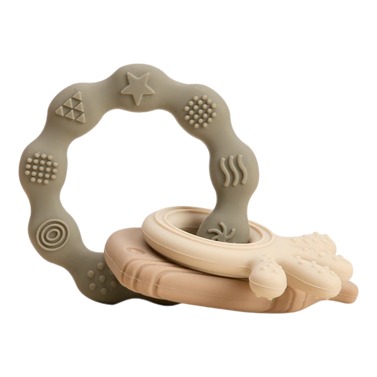 Der Hello World Beissring Walfisch Grün [10,5x7cm] ist ein grüner Baby-Beißring aus Silikon mit strukturierten Mustern zur sensorischen Stimulation und Erleichterung des Zahnens, isoliert auf weißem Hintergrund dargestellt.