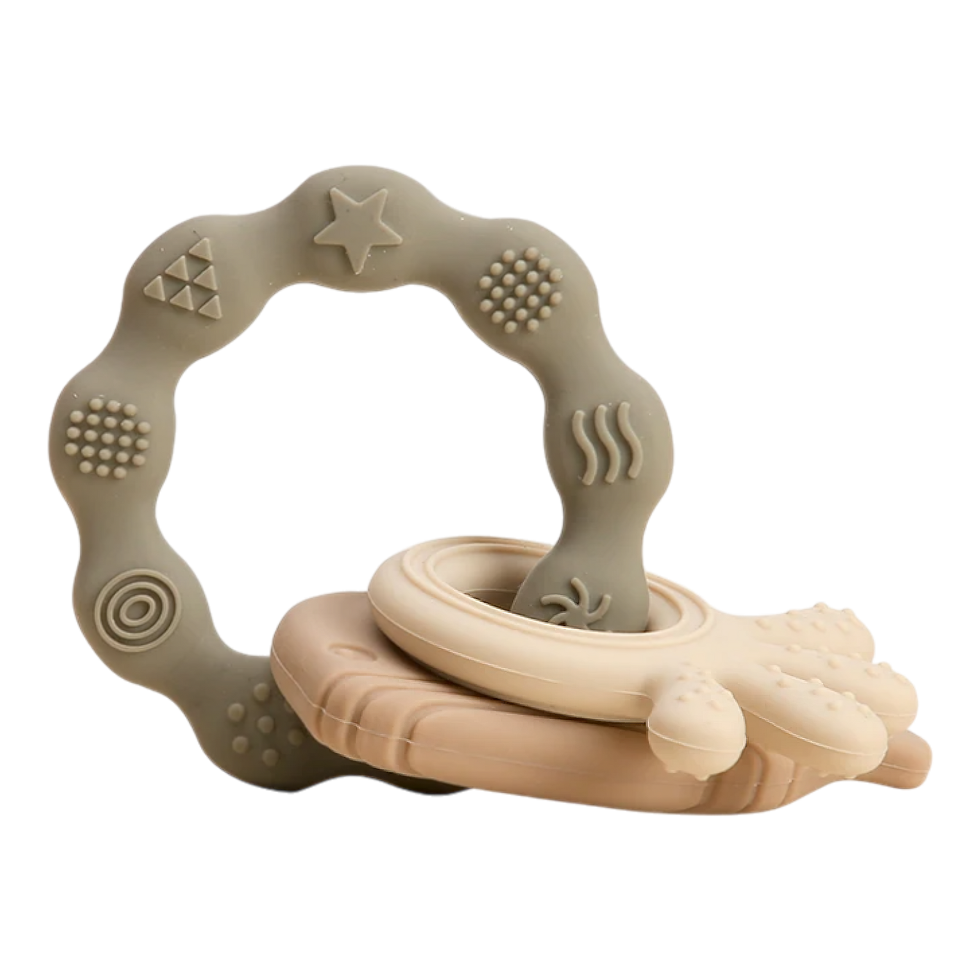 Der Hello World Beissring Walfisch Grün [10,5x7cm] ist ein grüner Baby-Beißring aus Silikon mit strukturierten Mustern zur sensorischen Stimulation und Erleichterung des Zahnens, isoliert auf weißem Hintergrund dargestellt.