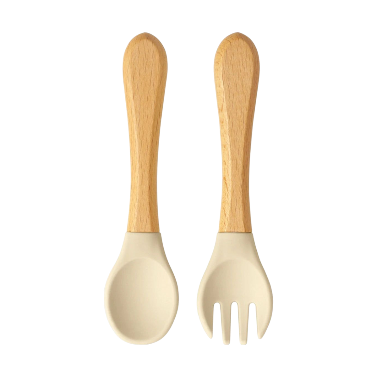 Das Hello World Besteck Beige Holz/Silikon [3,5x14cm] - ein Löffel- und Gabelset mit Holzgriffen und beigen Silikonspitzen - steht nebeneinander auf weißem Hintergrund, ideal als Babybesteck.