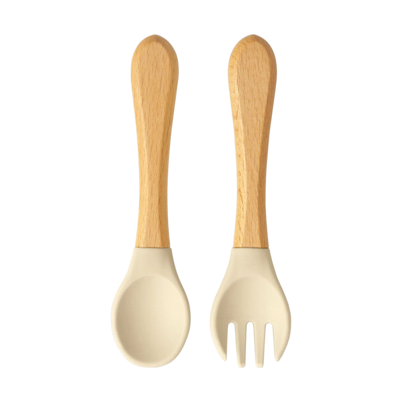 Das Hello World Besteck Beige Holz/Silikon [3,5x14cm] - ein Löffel- und Gabelset mit Holzgriffen und beigen Silikonspitzen - steht nebeneinander auf weißem Hintergrund, ideal als Babybesteck.