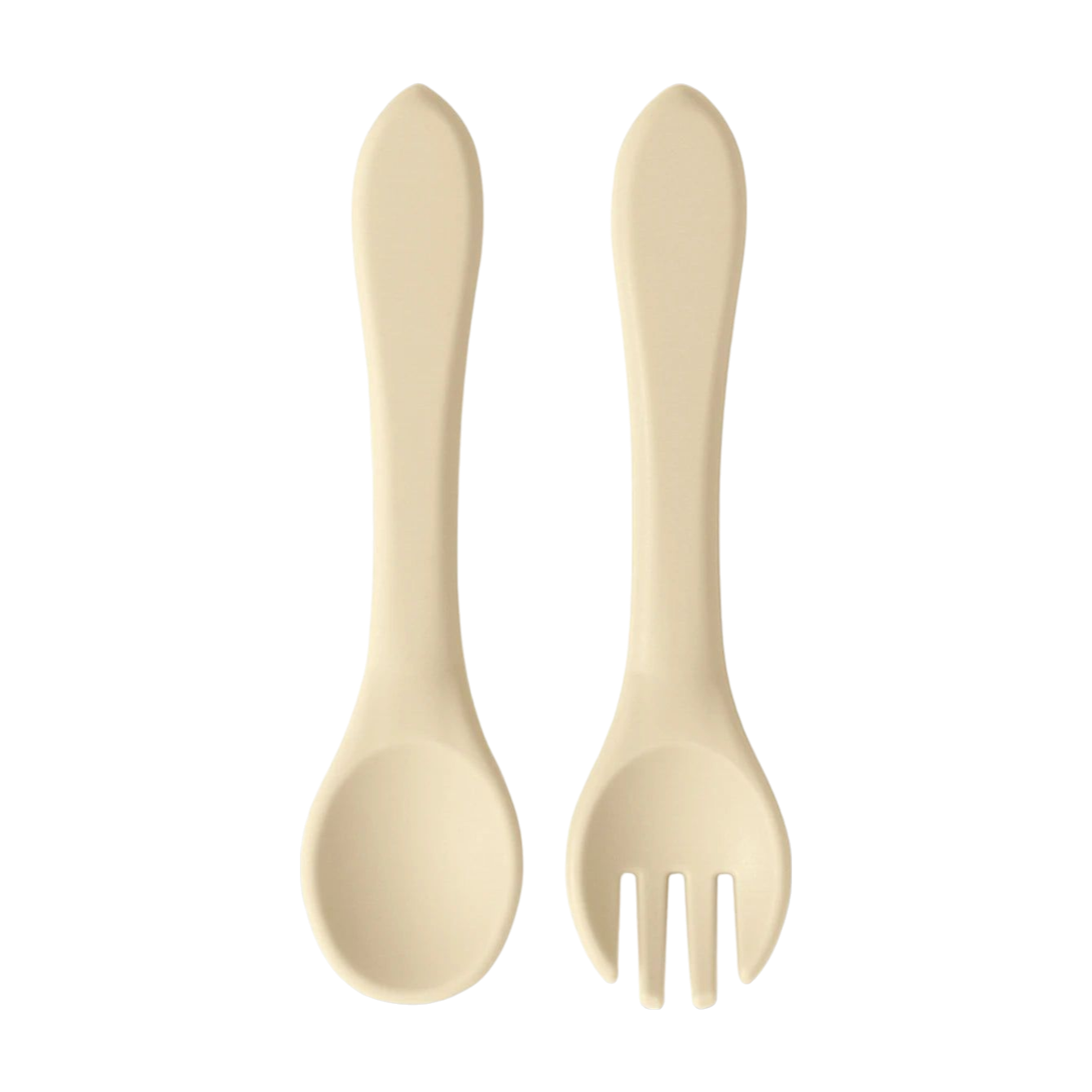 Zwei beigefarbene Utensilien aus dem Hello World Besteck Beige Silikon [3,5 x 14 cm] - ein Löffel auf der linken Seite und eine dreizinkige Gabel auf der rechten Seite, beide mit abgerundeten Griffen - sind nebeneinander auf einem weißen Hintergrund platziert.