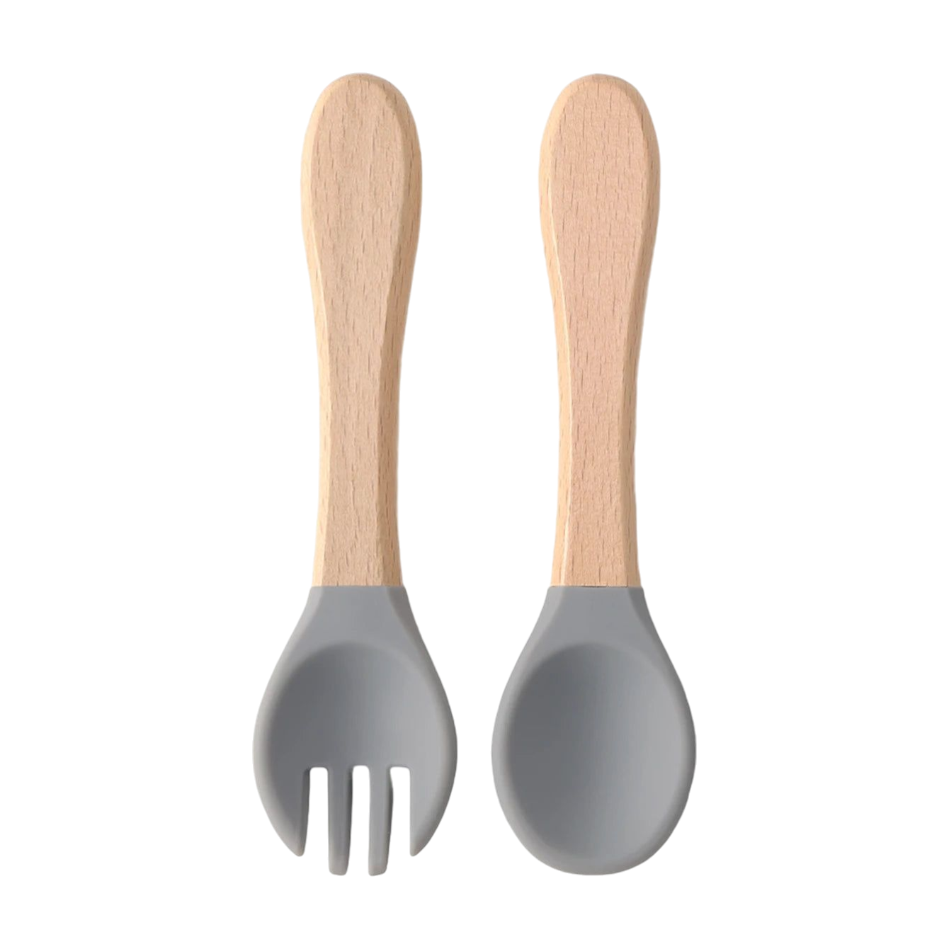 Das Hello World Besteck Grau Holz/Silikon [3,5x14cm] besteht aus einer Gabel mit drei Zinken und einem Löffel, beide mit grauen Silikonköpfen und hellen Holzgriffen für einen einfachen, modernen Look.