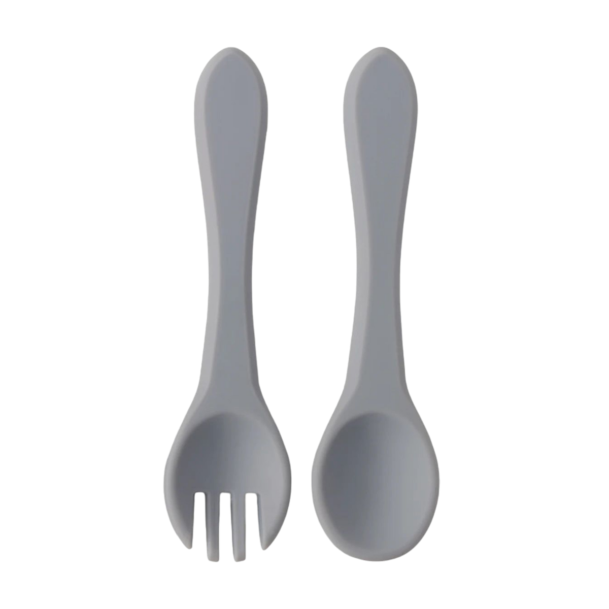 Zwei graue Silikonutensilien - ein Löffel und ein Spatel - aus dem Besteck Grau Silikon [3,5x14cm] von Hello World sind nebeneinander auf einem weißen Hintergrund platziert. Dieses Set ist perfekt als Babybesteck für kleine Hände geeignet.