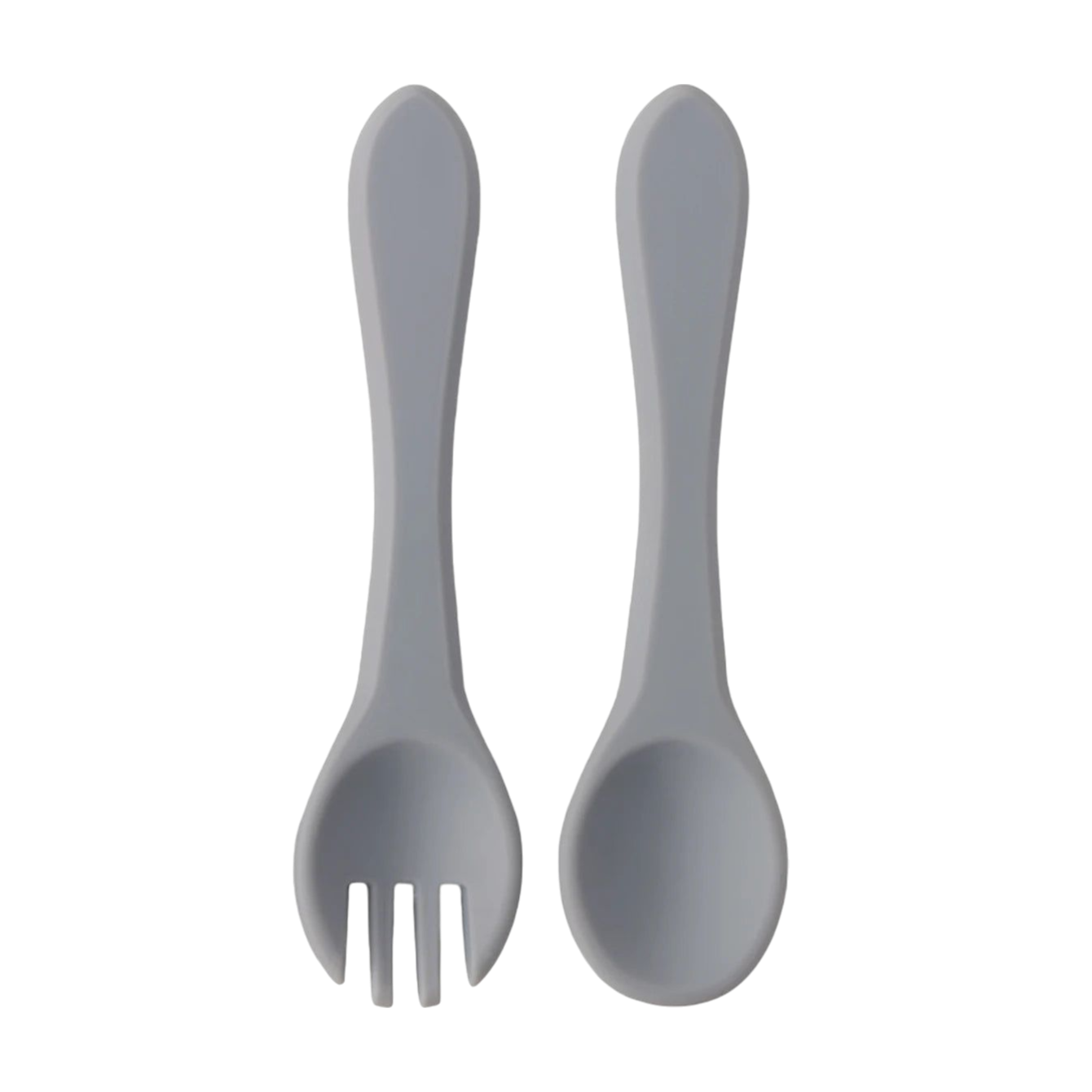 Zwei graue Silikonutensilien - ein Löffel und ein Spatel - aus dem Besteck Grau Silikon [3,5x14cm] von Hello World sind nebeneinander auf einem weißen Hintergrund platziert. Dieses Set ist perfekt als Babybesteck für kleine Hände geeignet.
