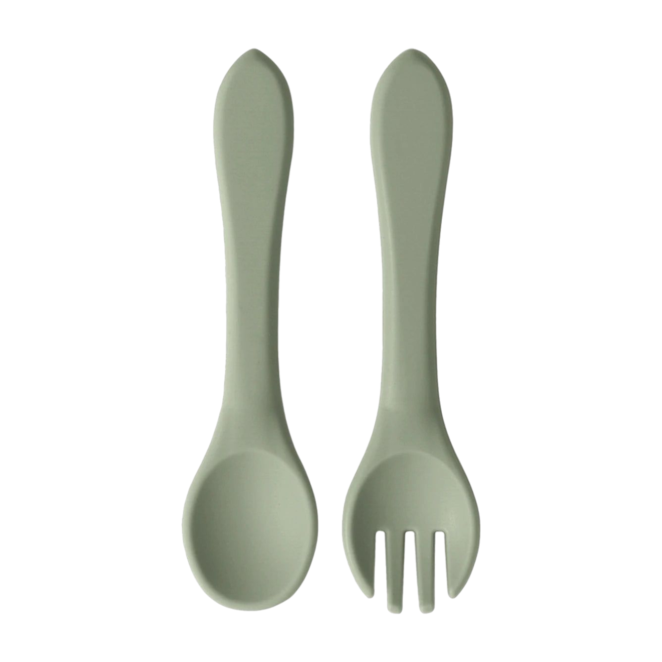 Zwei hellgrüne Hello World Besteck Grün Silikon Utensilien [3,5x14cm] auf weißem Hintergrund: links ein Löffel und rechts eine dreizinkige Gabel, beide mit abgerundeten Griffen. BPA-frei und perfekt für kleine Hände.