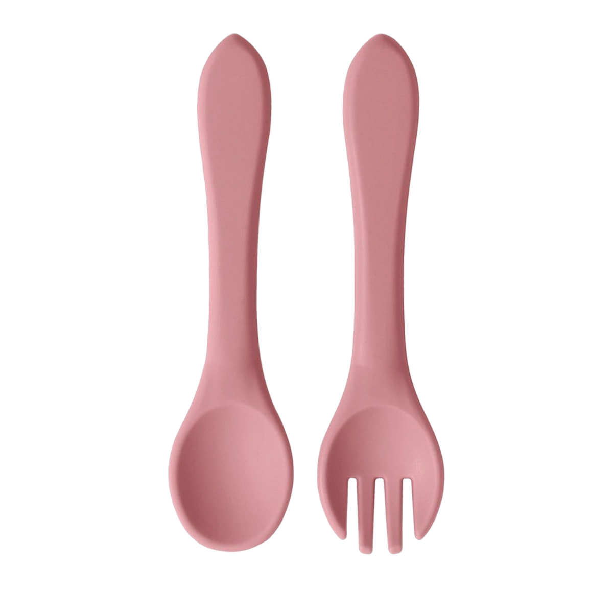 Das Hello World Besteck Pink Silikon [3,5 x 14 cm], bestehend aus einem Löffel und einer dreizinkigen Gabel, ist nebeneinander auf einem weißen Hintergrund abgebildet - perfekt für Ihr Kind.