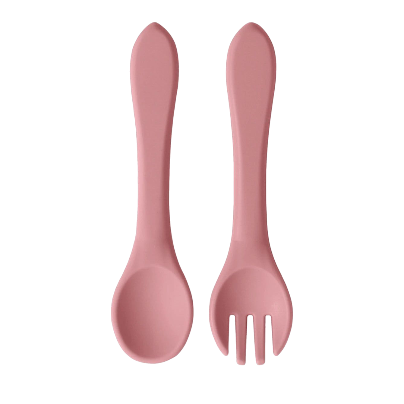 Das Hello World Besteck Pink Silikon [3,5 x 14 cm], bestehend aus einem Löffel und einer dreizinkigen Gabel, ist nebeneinander auf einem weißen Hintergrund abgebildet - perfekt für Ihr Kind.