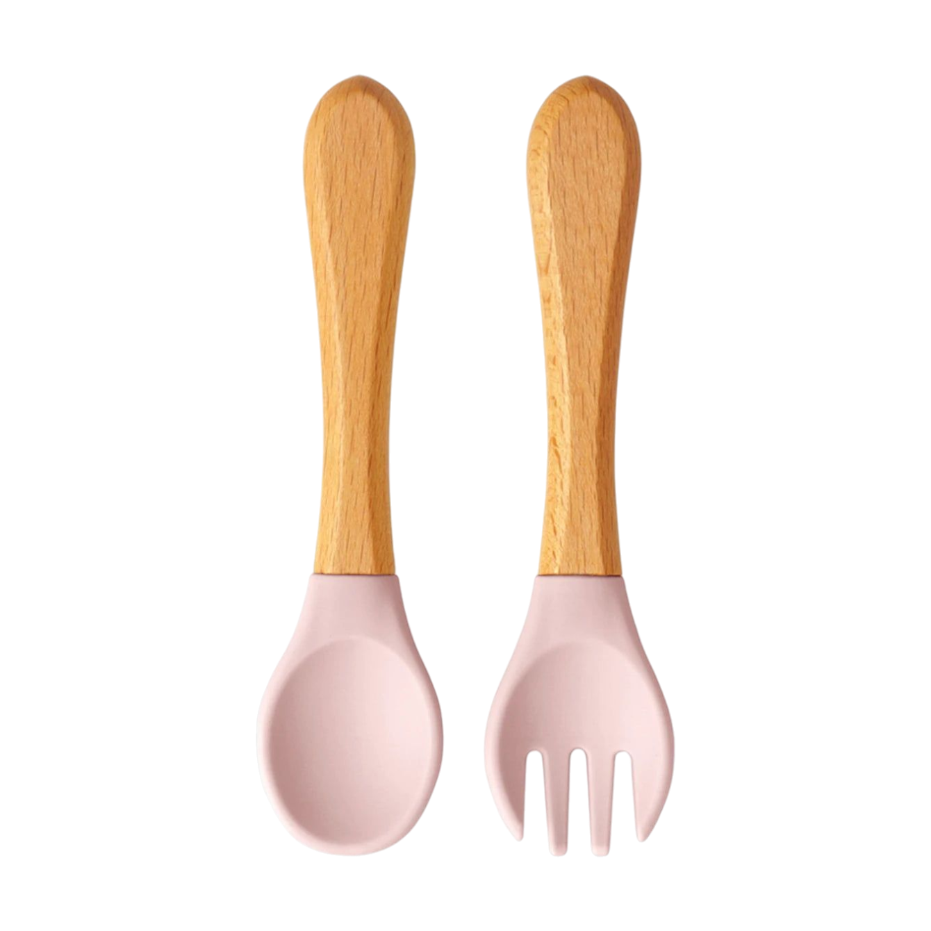 Das Hello World Besteck Rosa Holz/Silikon [3,5 x 14 cm] besteht aus einem Löffel und einer Gabel mit Holzgriff und hellrosa, BPA-freien Silikonköpfen, die nebeneinander auf einem weißen Hintergrund stehen.