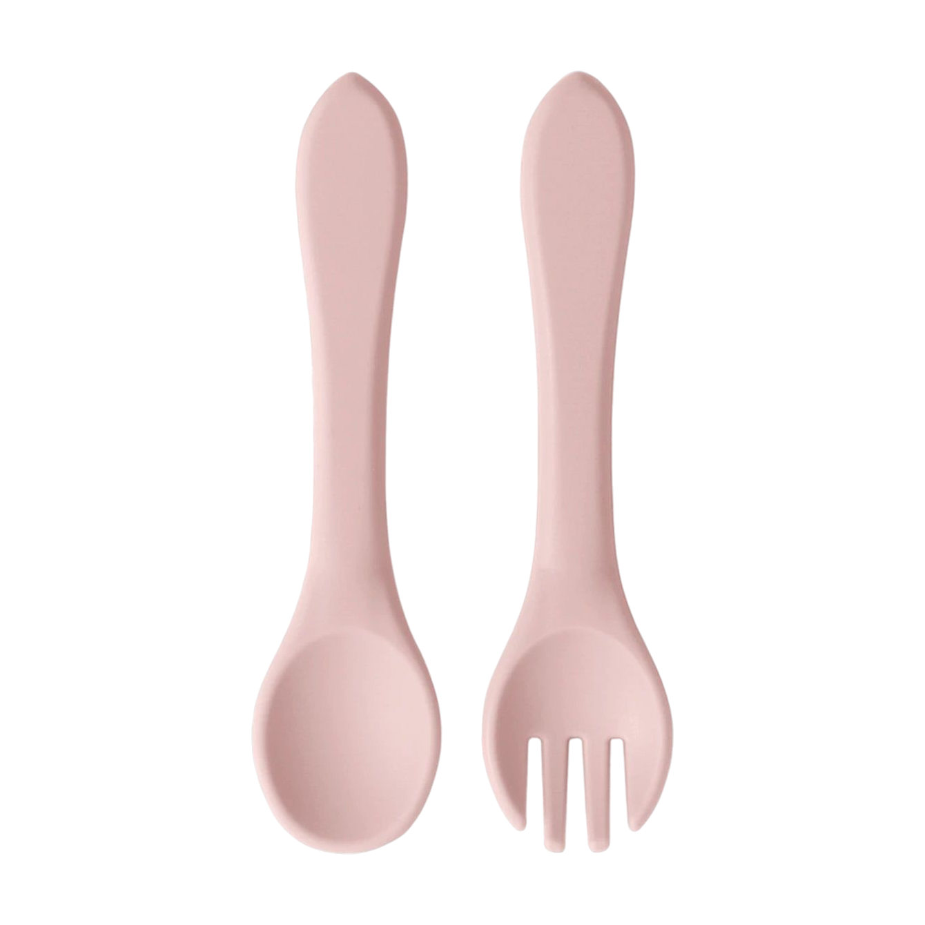 Das Hello World Besteck Rosa Silikon [3,5x14cm] besteht aus einem pastellrosa Löffel und einer Gabel mit abgerundeten Griffen und einem glatten, minimalistischen Design, das sich perfekt als Babyutensilien auf weißem Hintergrund eignet.