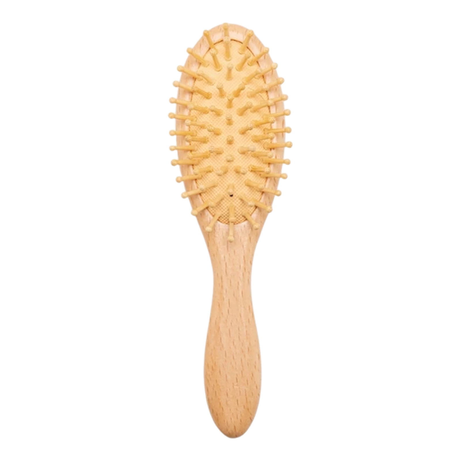 Ein Hello World Haarbürste - Kugelborsten [5x18cm] mit einem ovalen Paddel und hellen Borsten wird von oben auf einem weißen Hintergrund gezeigt.