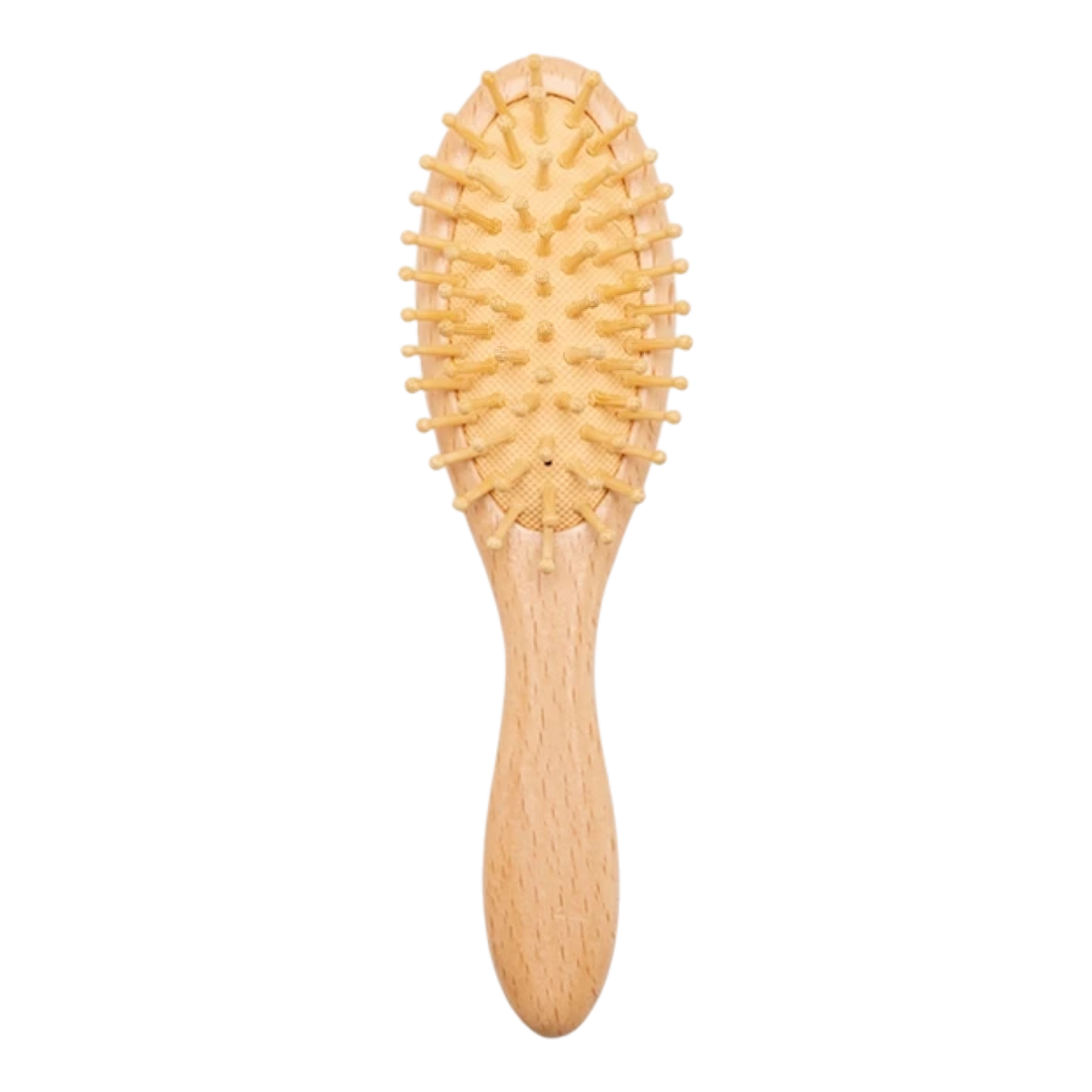 Ein Hello World Haarbürste - Kugelborsten [5x18cm] mit einem ovalen Paddel und hellen Borsten wird von oben auf einem weißen Hintergrund gezeigt.