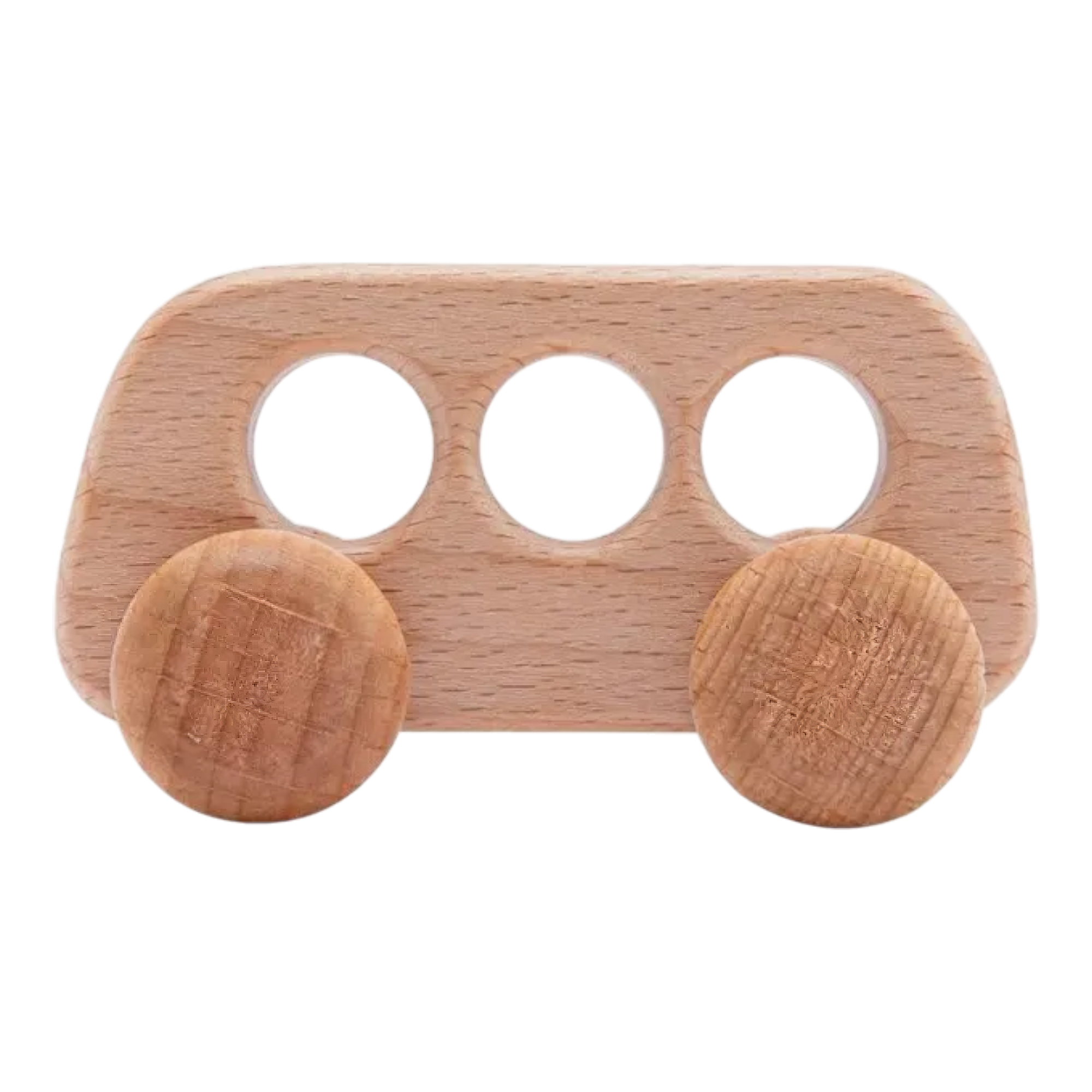 Der Hello World Bus aus Holz [8,5x4cm] besticht durch sein schlichtes Design mit drei kreisrunden Fensterlöchern und zwei runden Rädern, die aus nachhaltigem Naturholz gefertigt sind.