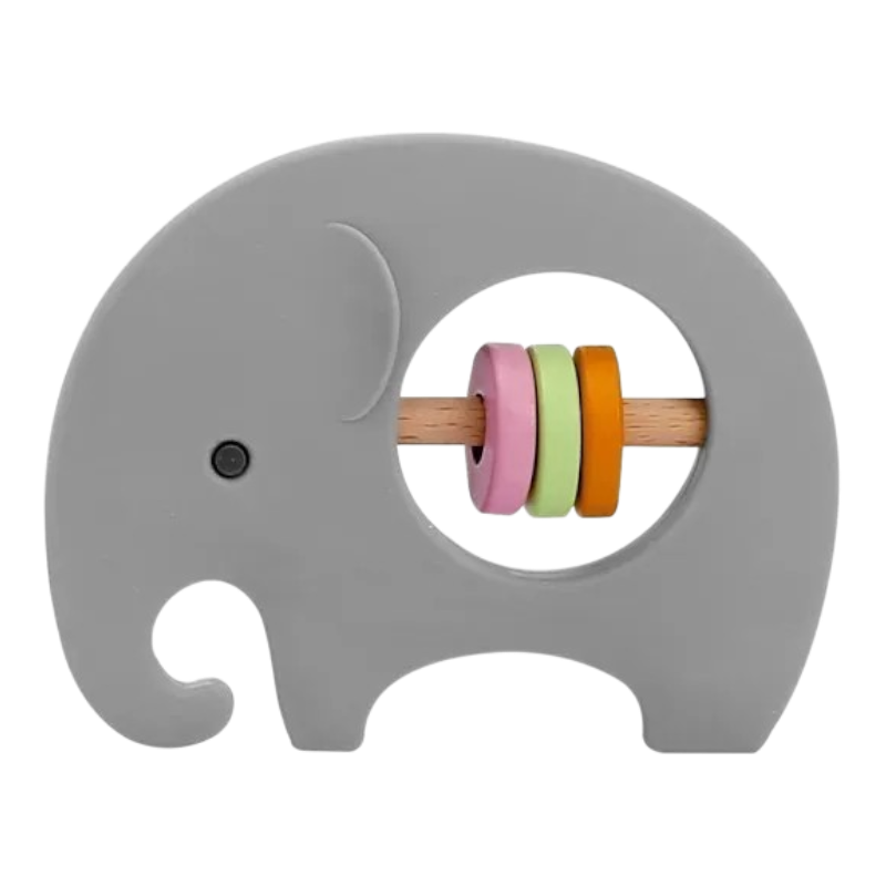 Der Elefant Grau aus Silikon [9x6.8cm] von Hello World ist ein Beißring-Spielzeug mit Holzstab und vier bunten Ringen in Pink, Gelb, Orange und Grün sowie schlichtem Design mit schwarzem Punkt als Auge.