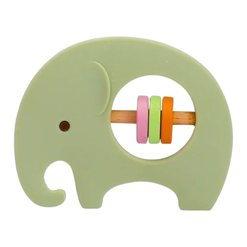 Der Elefant Grün aus Silikon [9x6.8cm] von Hello World ist ein grüner Beißring in Elefantenform mit Ausschnitt in der Mitte und einer Stange mit vier bunten Perlen in Pink, Gelb, Grün und Orange.