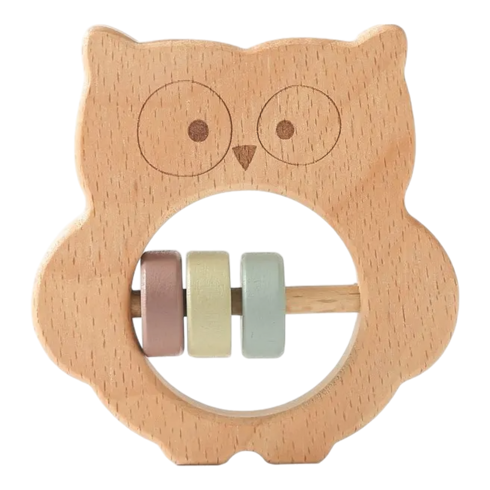 Die "Eule aus Holz [8x8cm]" von Hello World ist eine Naturholz-Eule mit runder Aussparung und drei bunten Perlen-rosa, beige und hellgrün-auf einer kleinen Stange im Inneren, Symbol der Weisheit.