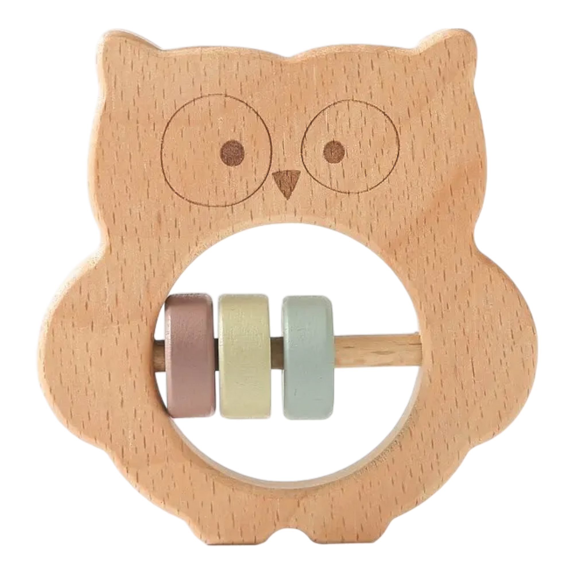 Die "Eule aus Holz [8x8cm]" von Hello World ist eine Naturholz-Eule mit runder Aussparung und drei bunten Perlen-rosa, beige und hellgrün-auf einer kleinen Stange im Inneren, Symbol der Weisheit.