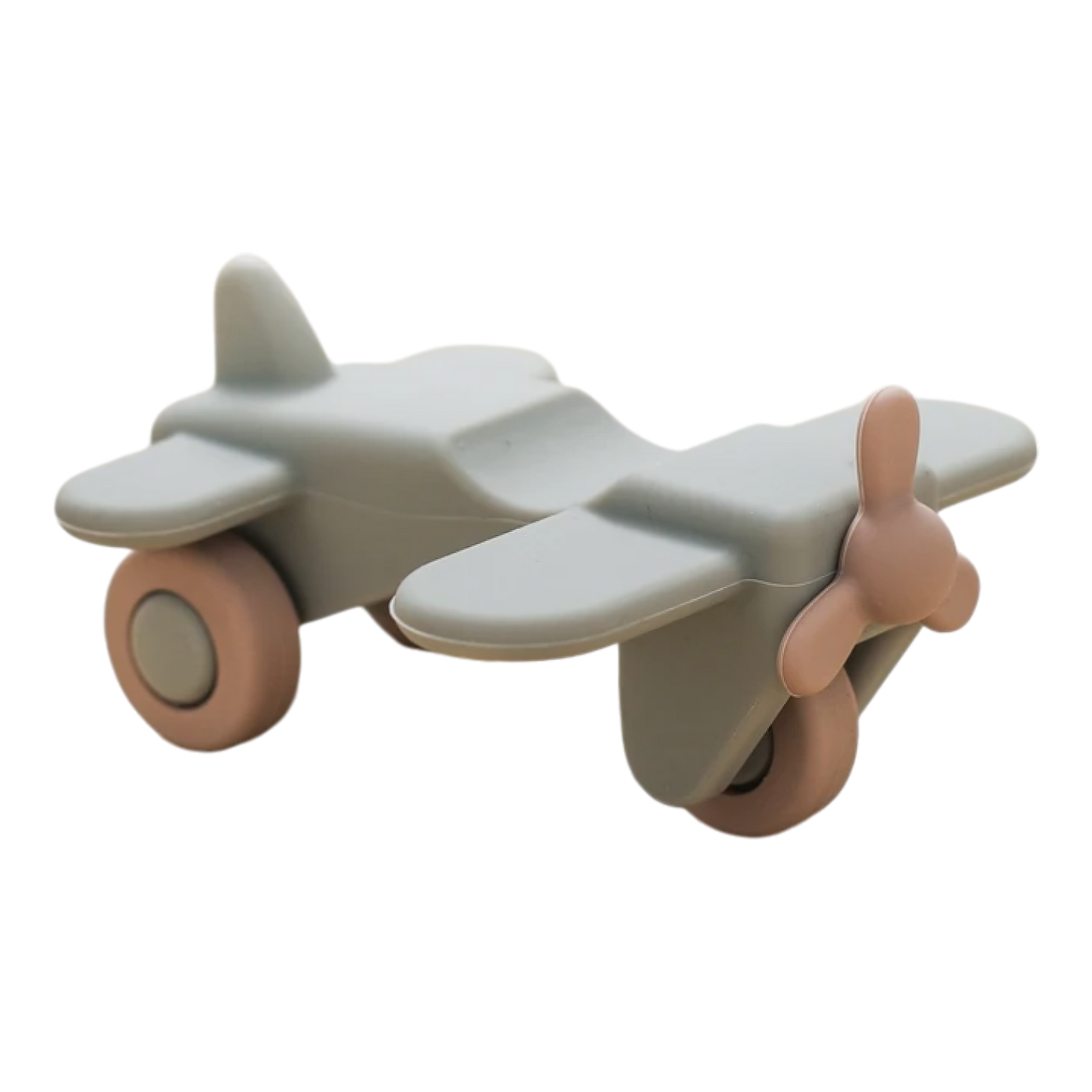 Das Flugzeug aus Silikon von Hello World [10.5x5.5cm] ist ein kleines, hellgraues Spielzeug mit beigen Rädern und Propeller im minimalistischen Design - ideal für kleine Piloten.