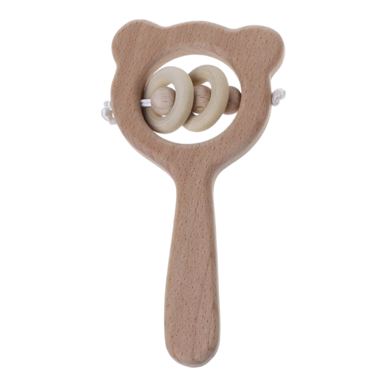 Der Hello World Griff aus Holz [8x12cm] ist eine hölzerne Babyrassel in Form eines Bärenkopfes, mit zwei Mittelringen und einem ergonomischen Griff zur Förderung der Feinmotorik, abgebildet auf weißem Hintergrund.