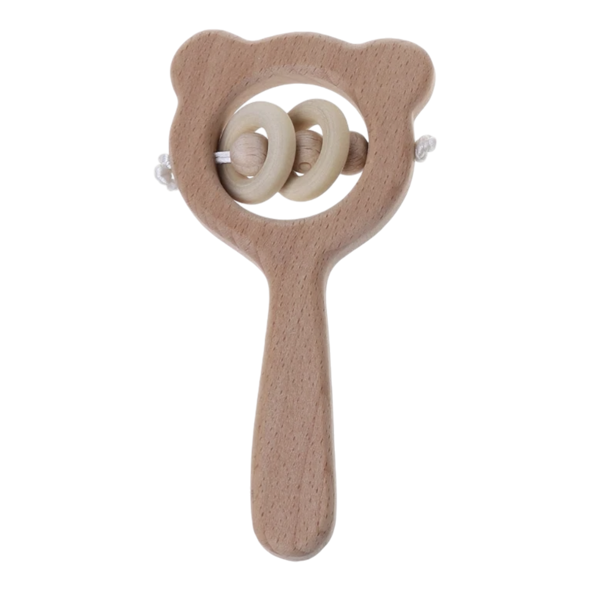 Der Hello World Griff aus Holz [8x12cm] ist eine hölzerne Babyrassel in Form eines Bärenkopfes, mit zwei Mittelringen und einem ergonomischen Griff zur Förderung der Feinmotorik, abgebildet auf weißem Hintergrund.