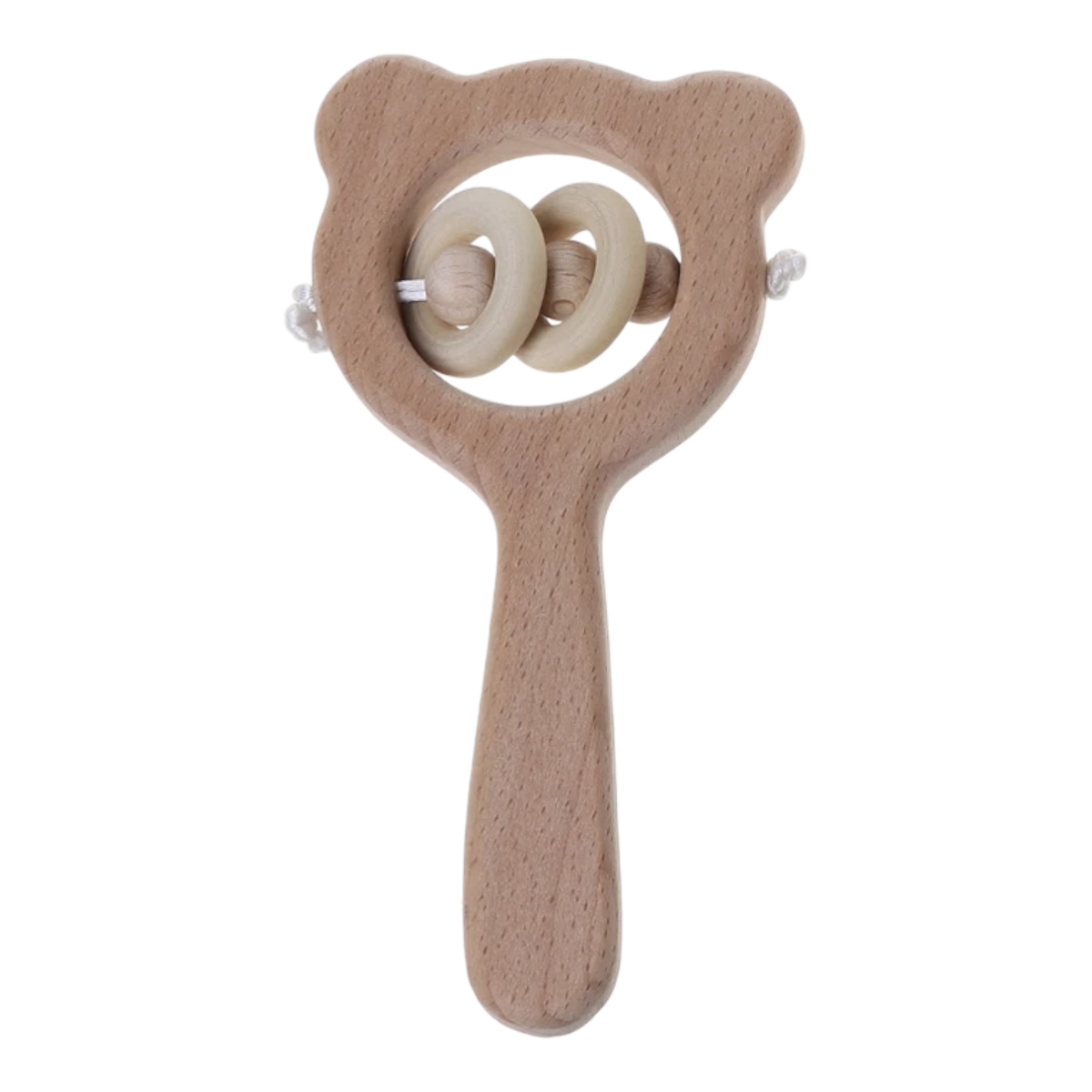 Eine Holzrassel mit Ringen in Form eines Bären.