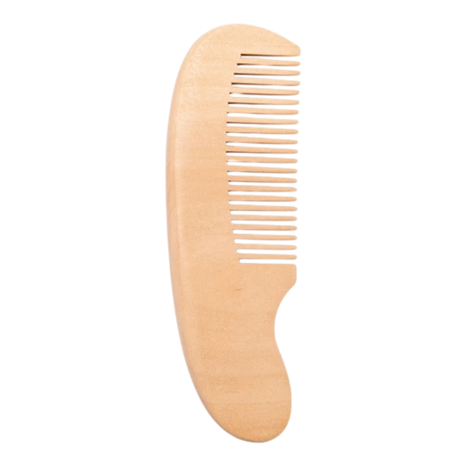 Der Hello World Kamm [4,5 x 13,5 cm] ist ein leichter Holzkamm mit breiten und schmalen Zinken und einem ergonomisch gebogenen Griff, der für die sanfte Pflege von feinem Babyhaar entwickelt wurde und auf einem schlichten weißen Hintergrund abgebildet ist.
