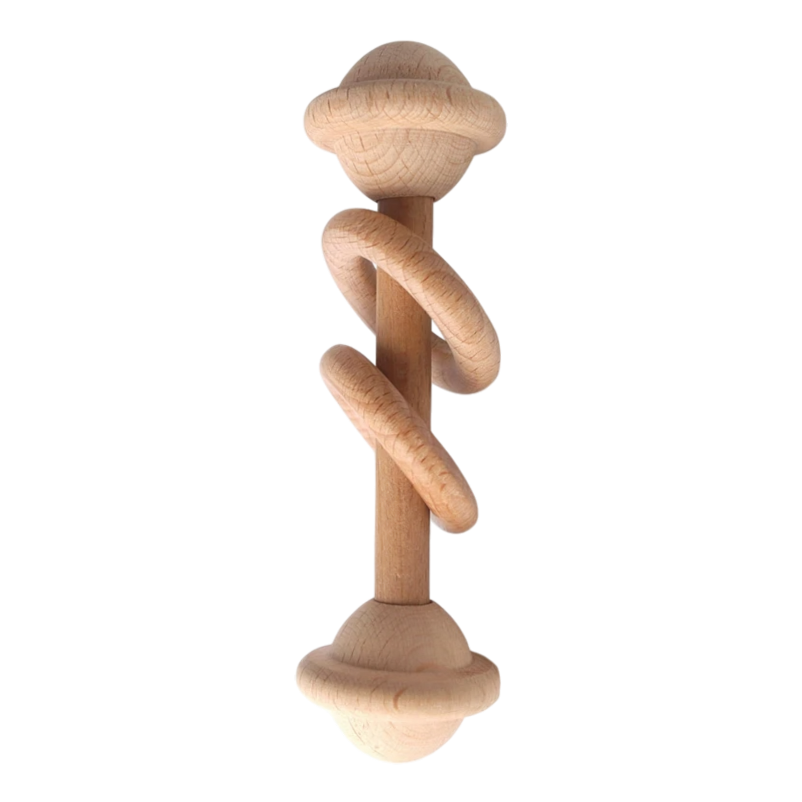 Die Hello World Keule aus Holz [3x12,5cm] ist ein nachhaltiger Motorik-Trainer aus glattem, hellem Holz mit zwei abgerundeten Enden und einem Spiralring in der Mitte, der sich durch ein schlichtes, modernes Design auszeichnet.