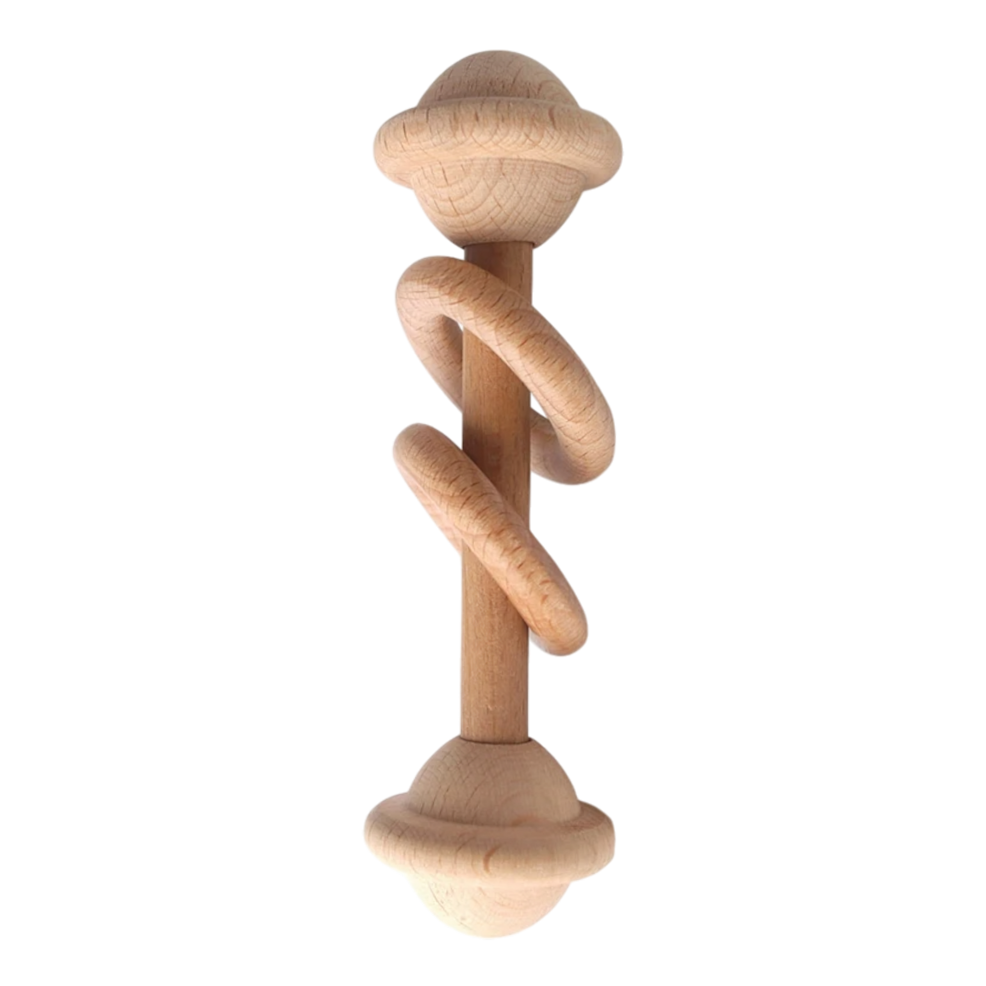 Die Hello World Keule aus Holz [3x12,5cm] ist ein nachhaltiger Motorik-Trainer aus glattem, hellem Holz mit zwei abgerundeten Enden und einem Spiralring in der Mitte, der sich durch ein schlichtes, modernes Design auszeichnet.