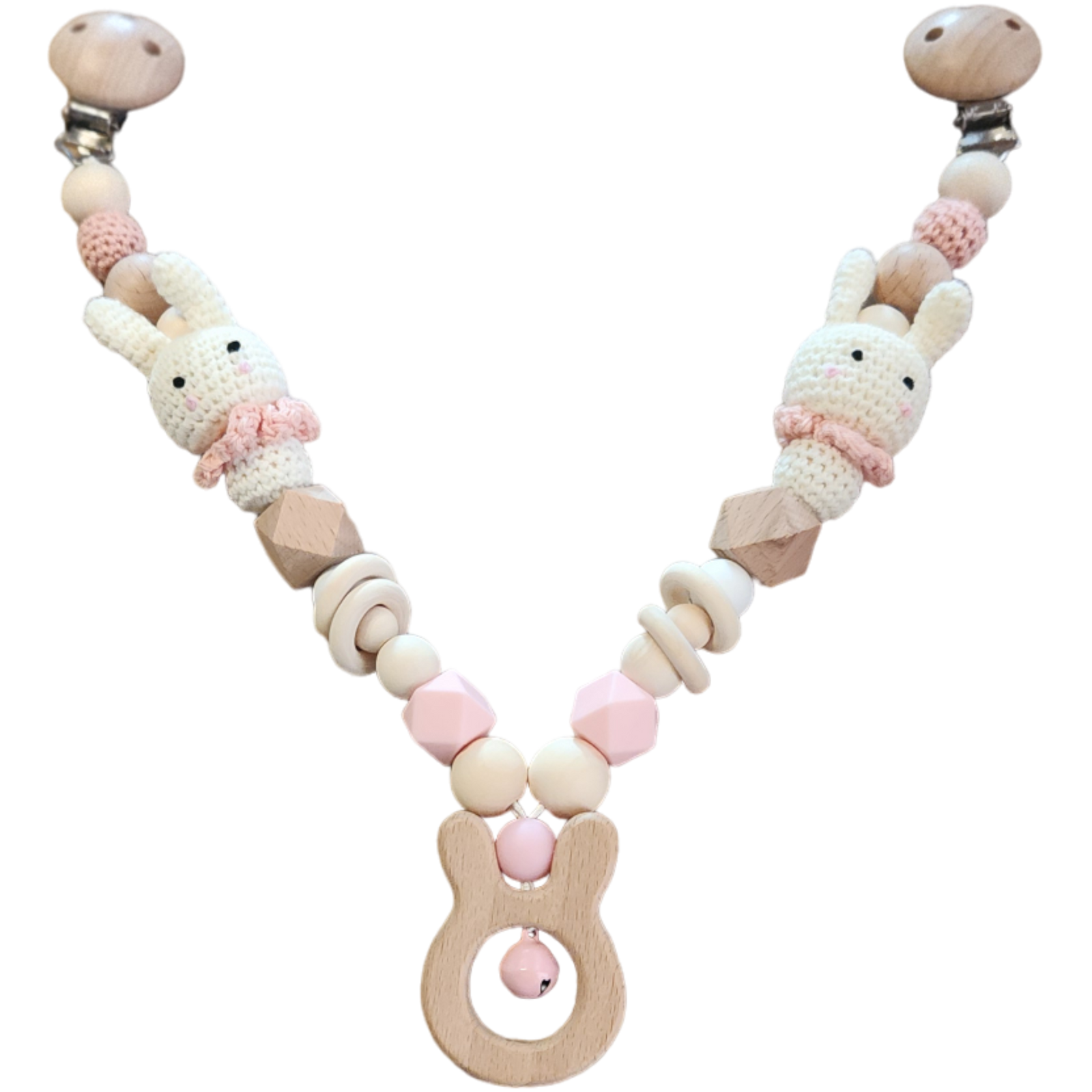 Die Kinderwagenkette Hase [20x29cm] von Hello World besteht aus weichen rosa und neutralen Holz- und Häkelperlen, zwei Hasenfiguren, einem hölzernen Beißring in Form eines Hasen in der Mitte und stabilen Metallklammern. Das perfekte Babyspielzeug für Kinderwagen!.