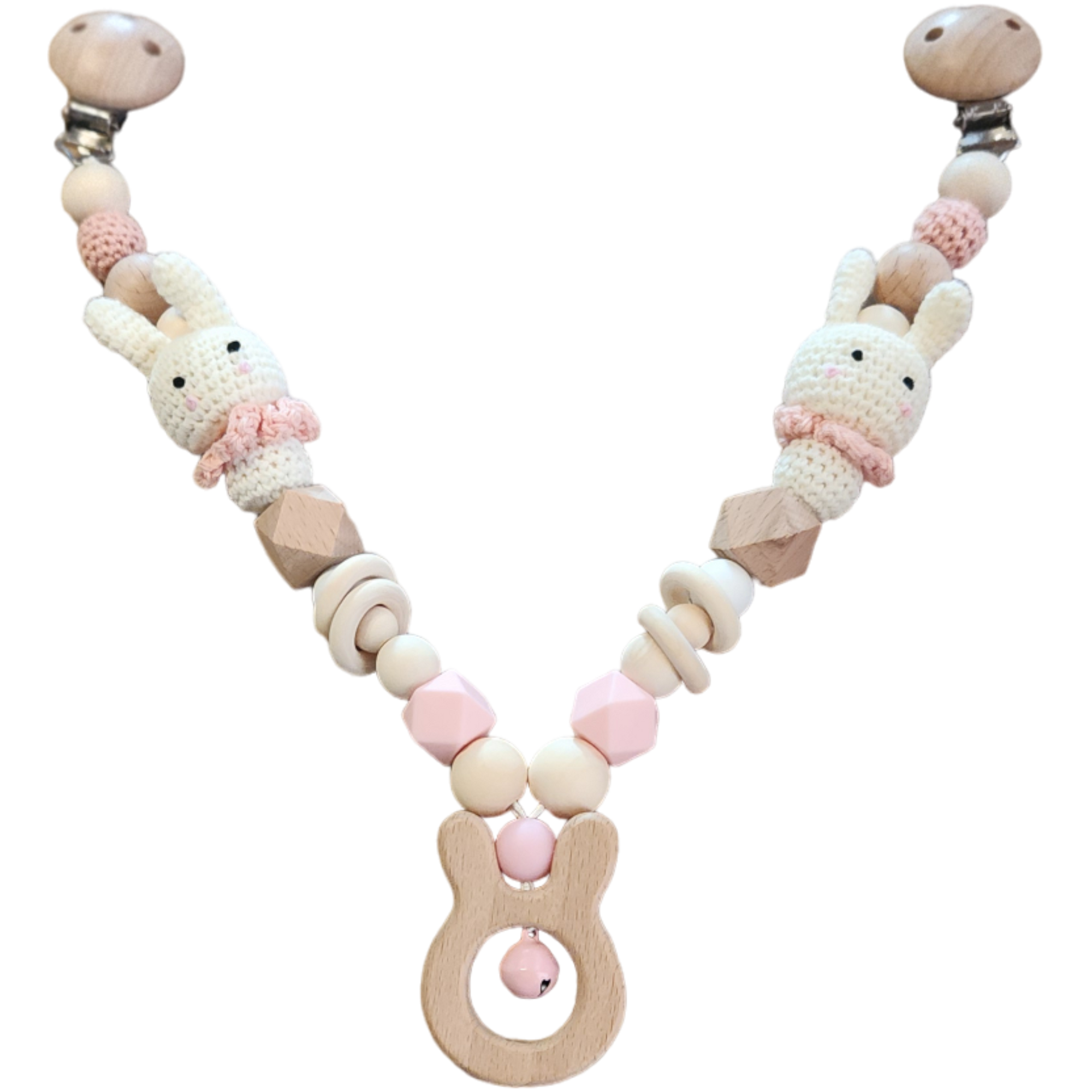 Die Kinderwagenkette Hase [20x29cm] von Hello World besteht aus weichen rosa und neutralen Holz- und Häkelperlen, zwei Hasenfiguren, einem hölzernen Beißring in Form eines Hasen in der Mitte und stabilen Metallklammern. Das perfekte Babyspielzeug für Kinderwagen!.