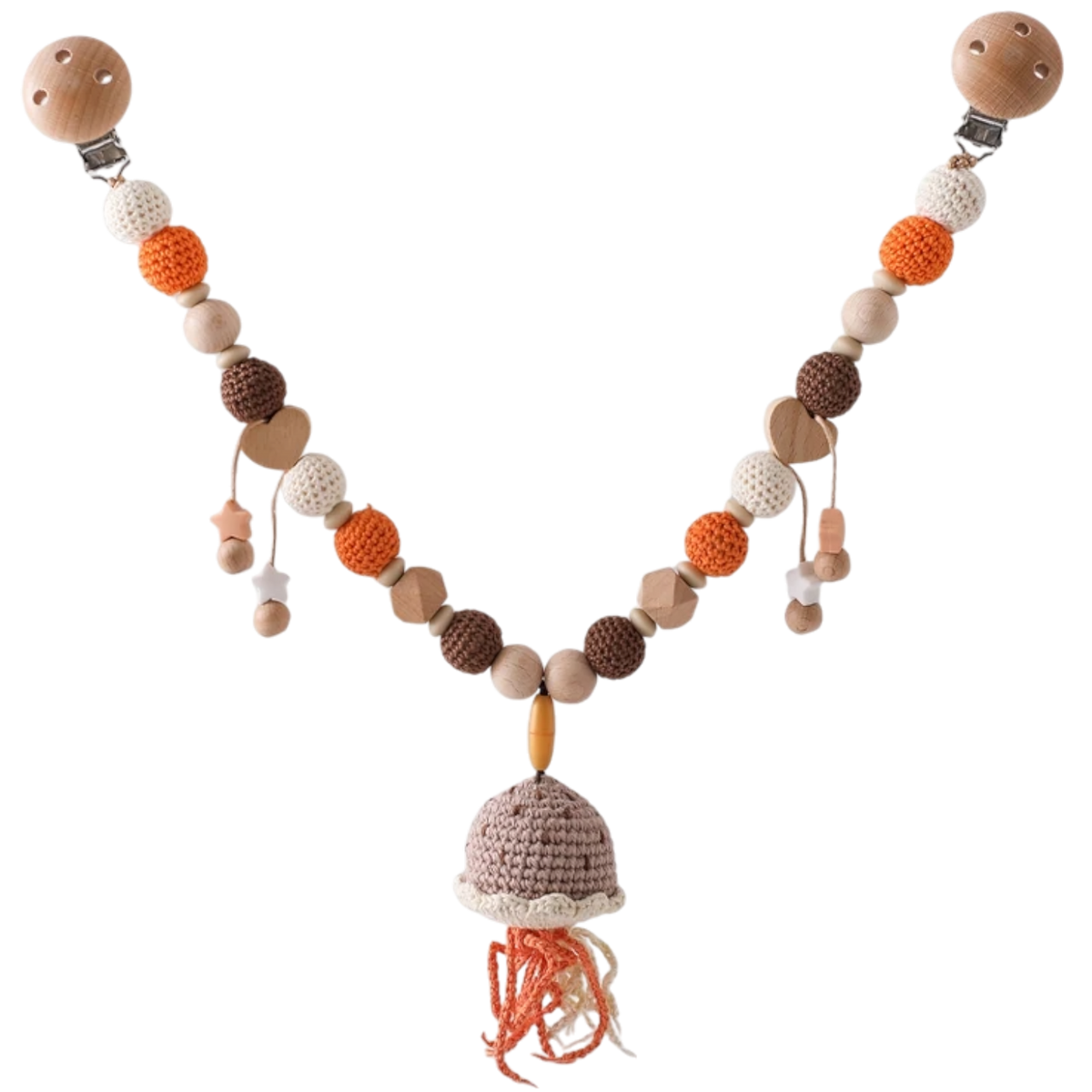 Die Hello World Kinderwagenkette Qualle [30x34cm] zeigt orange, creme und braune Holz- und Häkelperlen mit einer niedlichen Qualle. Ideal für die Unterwasserwelt Baby, es bringt beruhigende Babys Entspannung, wohin Sie gehen.