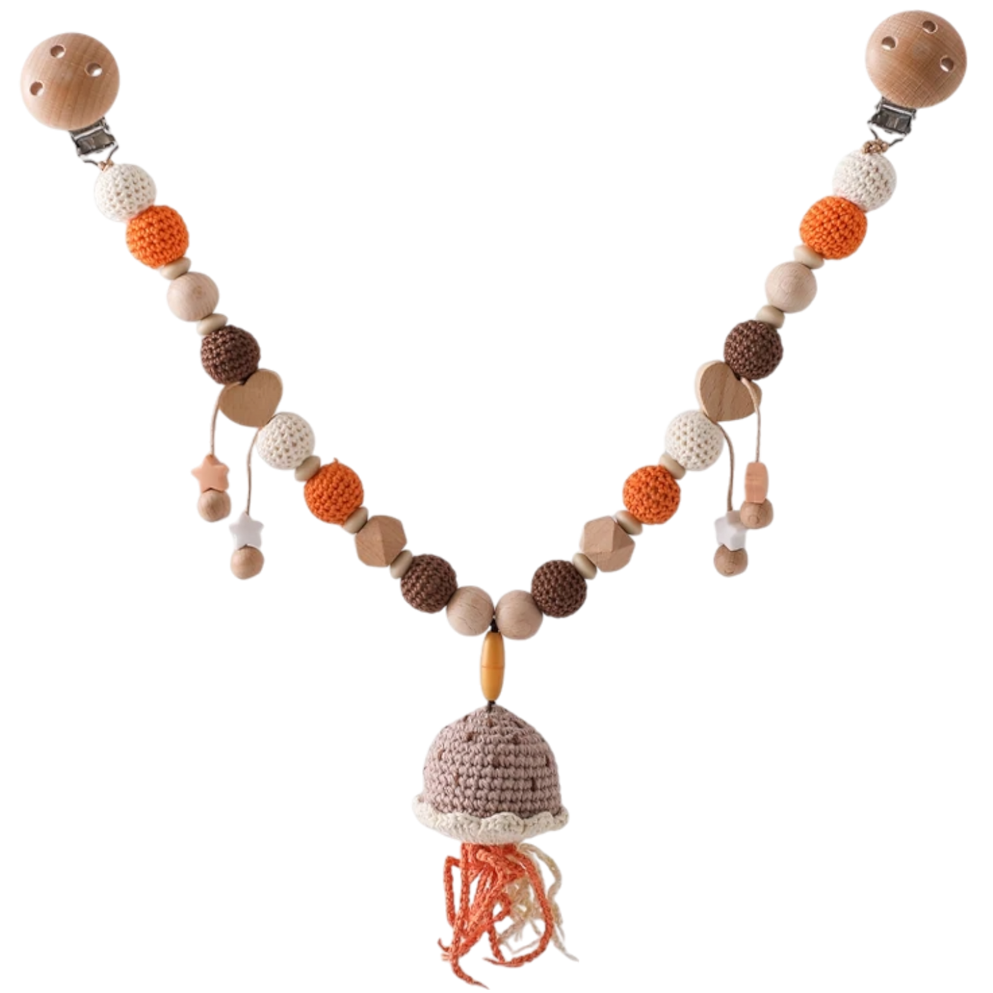 Die Hello World Kinderwagenkette Qualle [30x34cm] zeigt orange, creme und braune Holz- und Häkelperlen mit einer niedlichen Qualle. Ideal für die Unterwasserwelt Baby, es bringt beruhigende Babys Entspannung, wohin Sie gehen.