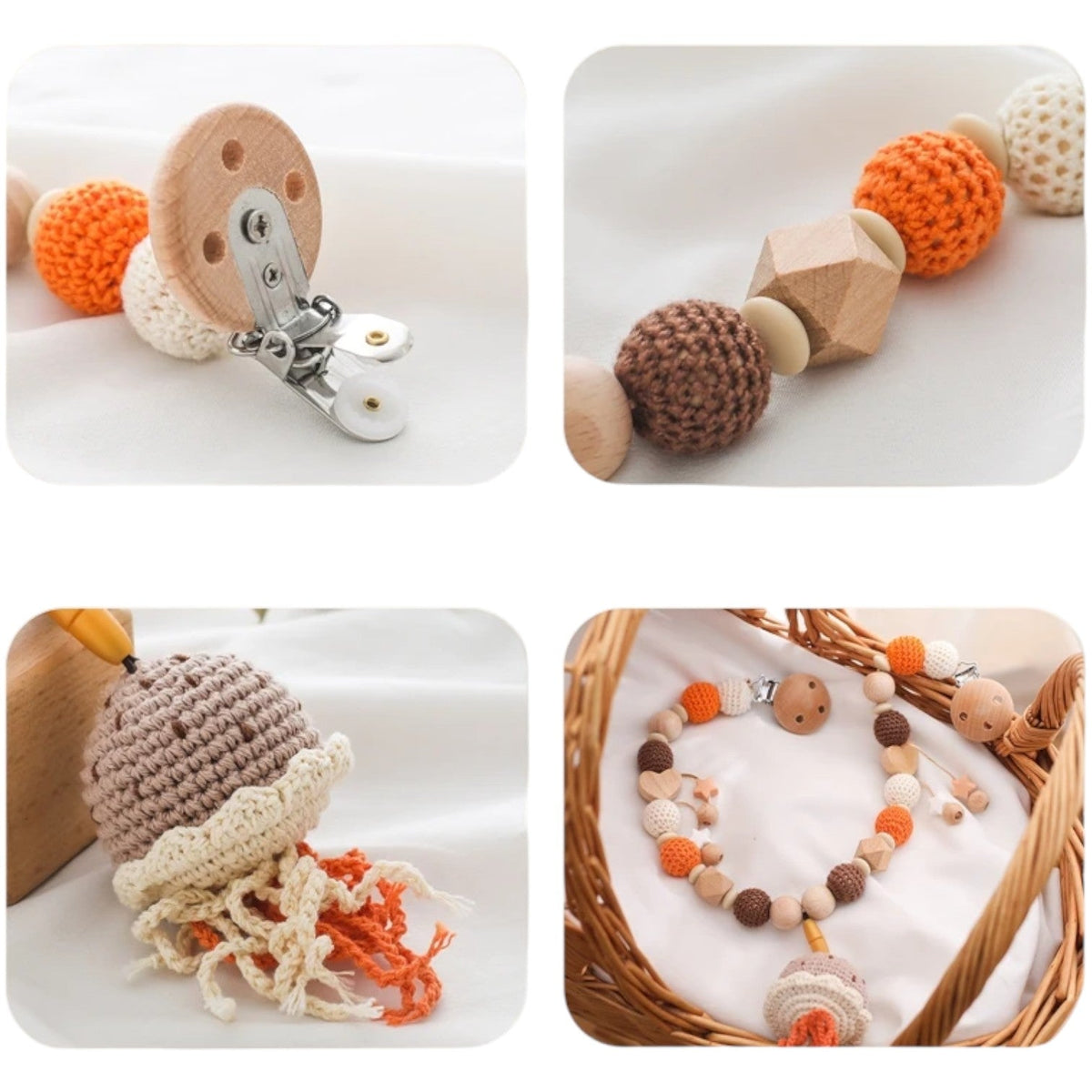 Eine Collage aus vier Bildern zeigt die Hello World Kinderwagenkette Qualle [30x34cm] mit gehäkelten Perlen, Holzformen, einer Plüschqualle und einem Schnullerhalter aus Perlen in beruhigenden Beige-, Orange- und Brauntönen.