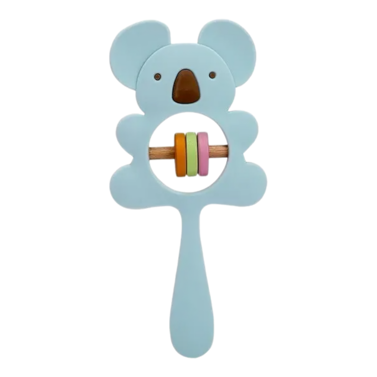 Die Hello World Koala Blau aus Silikon [7x15cm] ist eine hellblaue, BPA-freie Babyrassel in Form eines Koalas mit einem Griff und einem zentralen Ring, an dem gelbe, rosa und grüne Ringe an einem Holzstab befestigt sind.