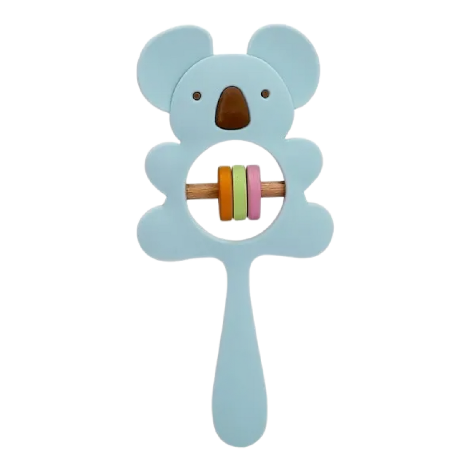 Die Hello World Koala Blau aus Silikon [7x15cm] ist eine hellblaue, BPA-freie Babyrassel in Form eines Koalas mit einem Griff und einem zentralen Ring, an dem gelbe, rosa und grüne Ringe an einem Holzstab befestigt sind.
