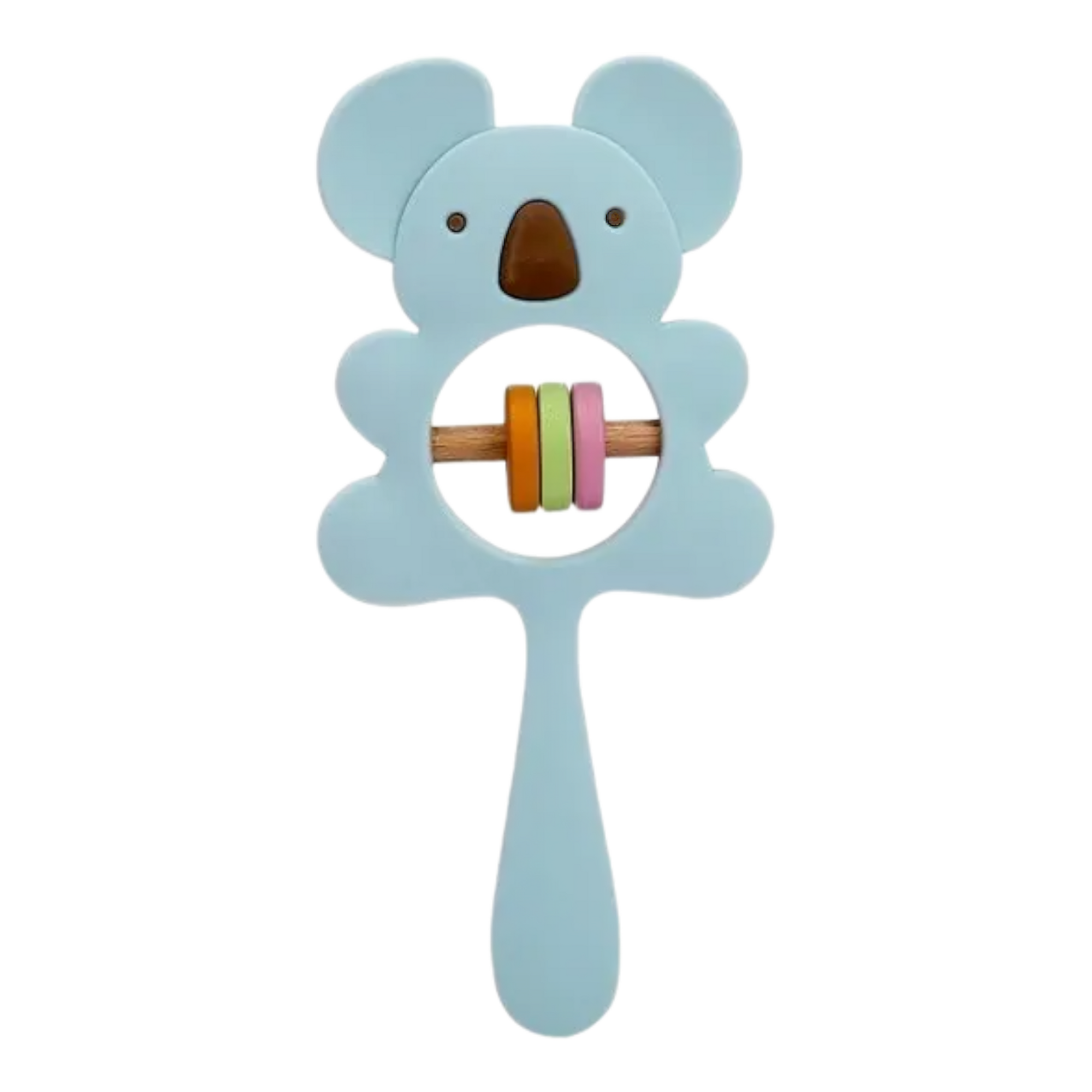 Die Hello World Koala Blau aus Silikon [7x15cm] ist eine hellblaue, BPA-freie Babyrassel in Form eines Koalas mit einem Griff und einem zentralen Ring, an dem gelbe, rosa und grüne Ringe an einem Holzstab befestigt sind.